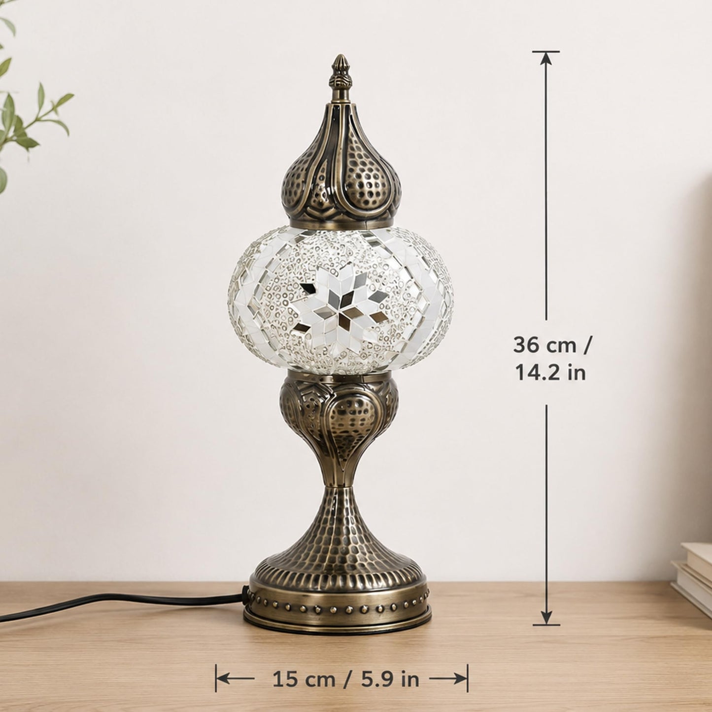 GOGERS Decorative Mosaic Bedside Lamp, Turkish Moroccan Style Table Lamp with White Silver Glass Shade, E12 LED Bulb Included, Warm Ambient Lamp for Nightstand, Bedroom, Living Room (White)