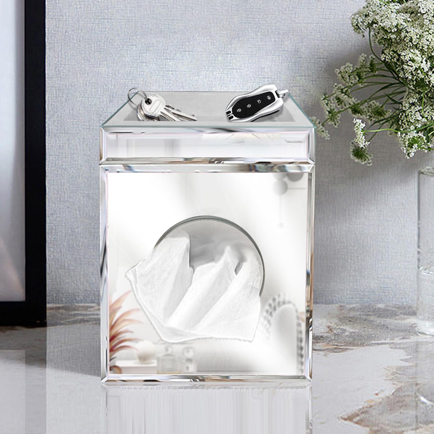 Wocred Square Tissue Box Cover Upgrades with Storage Tray,Crystal Crushed Diamond Tissue Box, Luxury Tissue Holders for Either Tissues in a Bathroom or Napkins on a Table.(6.5”x5.5”x5.5”)