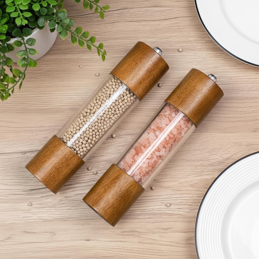 Premium Acrylic Salt and Pepper Grinder Set - Wooden Body with Adjustable Ceramic Wristband - Manual Salt and Pepper Grinder - 8 Inch - 2 Pieces
