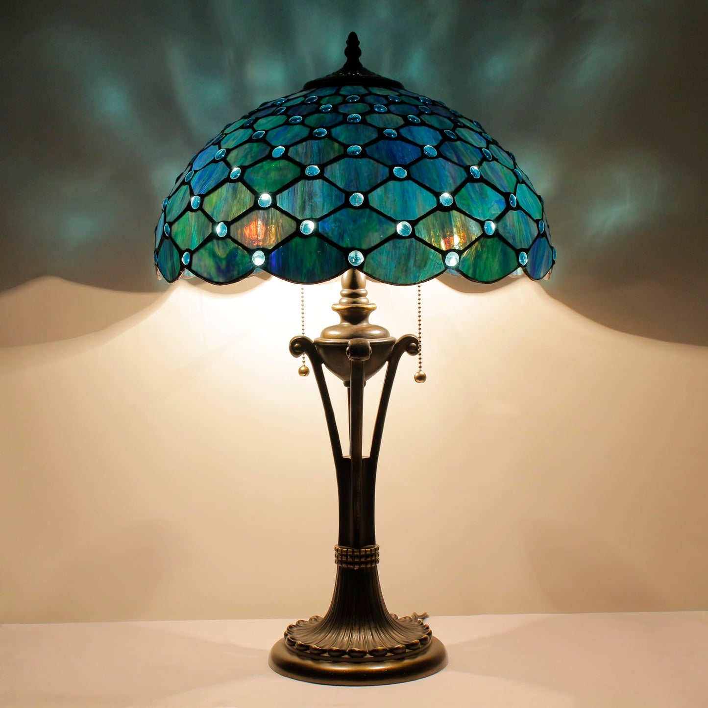 L-Juicwe Tiffany Table Lamp Sea Blue Pearl Stained Glass Desk Lamp 16X16X24 Inches Reading Light