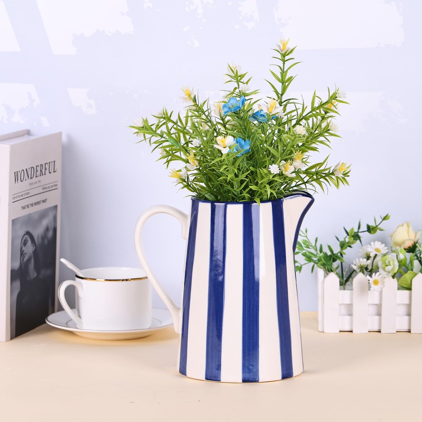 oliruim Ceramic Blue and White Pitcher Vase with Handle, Hand Painted Farmhouse Boho Pottery Jug for Decor Table Centerpiece, Kitchen, Home Desktop Decor Vase (Stripes)