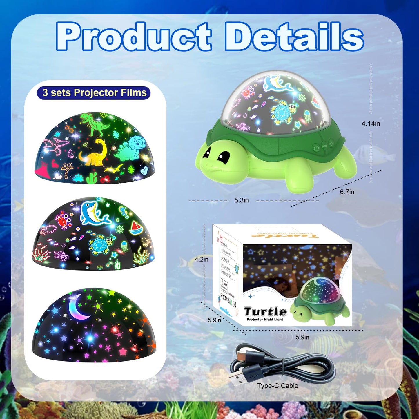 LMYCH Turtle Kids Night Light,Toys for Boys 3-8 Years Old Starry Sky Projector Light,360 Rotation,4 LED Bulbs,16 Light Colors Variable,USB Cable Powered,Ceiling Light for Kids Bedroom