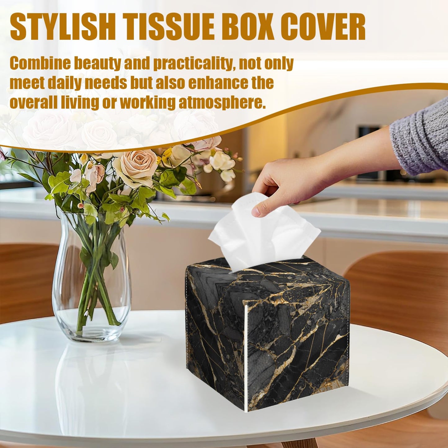 Black Gold Marble Tissue Box Cover 2PCS, Leather Tissue Box Holder Square Facial Paper Case Tissue Box Cube Organizer for Bathroom Bedroom Desk Office