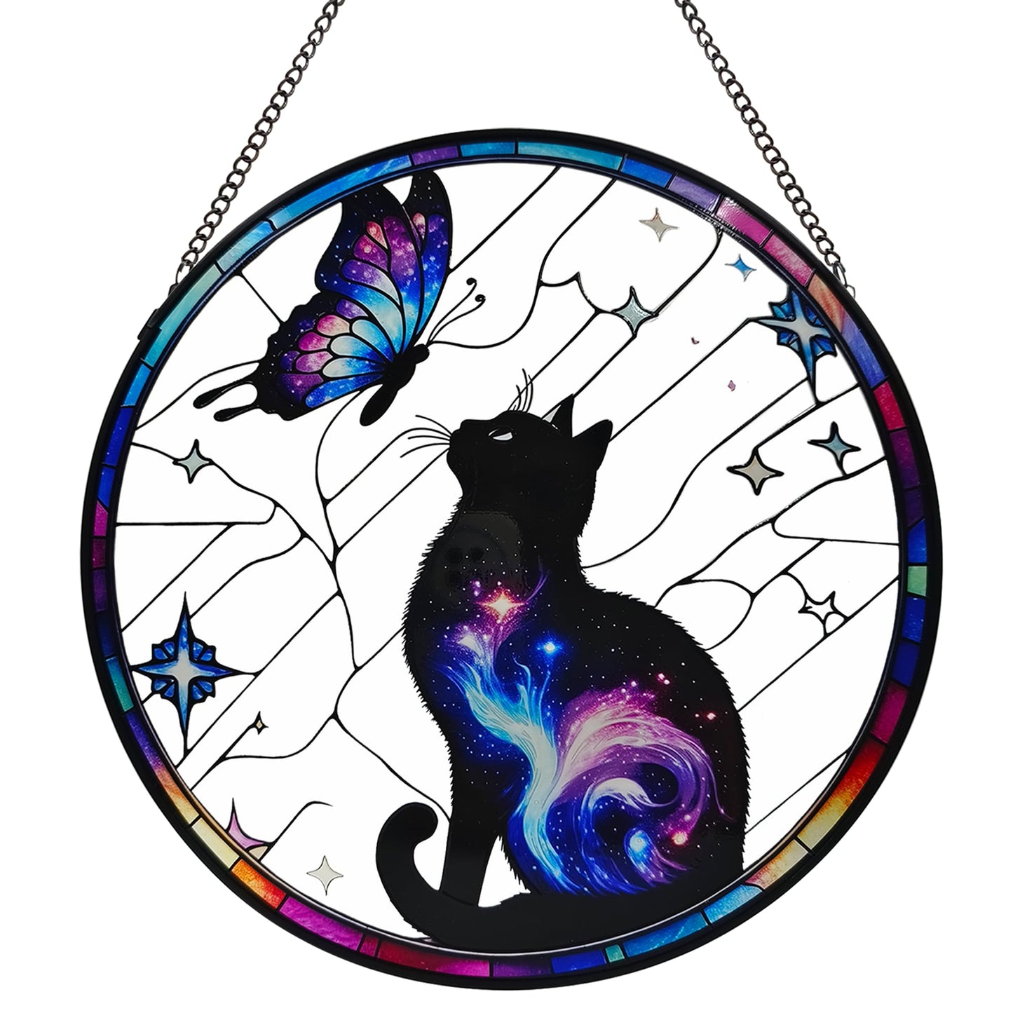 ZUSANG Black Cat Stained Glass Window Hanging, 9.8'' Black Cat & Butterfly with Nebula Design Suncatcher Indoor Outdoor Home Decor for Cats Lovers, Gift for Halloween