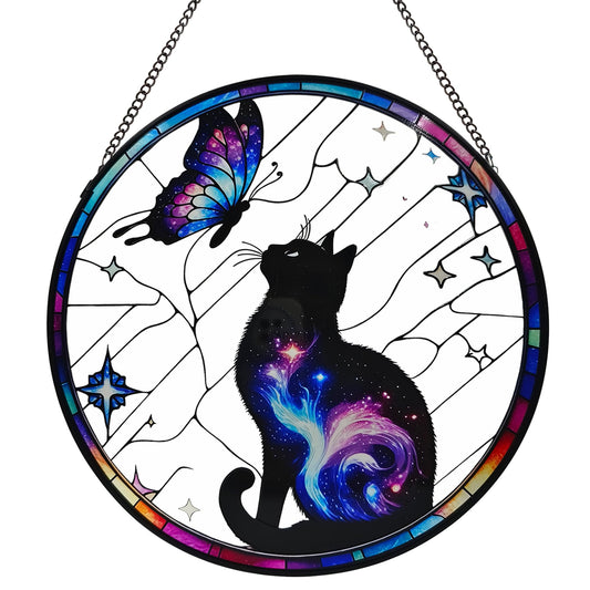 ZUSANG Black Cat Stained Glass Window Hanging, 9.8'' Black Cat & Butterfly with Nebula Design Suncatcher Indoor Outdoor Home Decor for Cats Lovers, Gift for Halloween