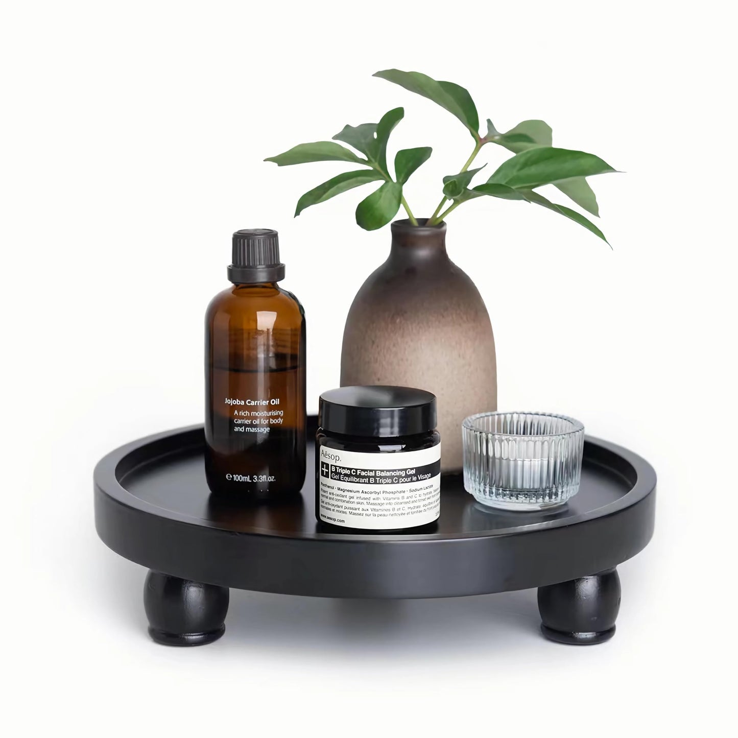 ROSE BLOOM 10 Inch Modern Wood Riser for Display, Farmhouse Pedestal Stand for Bathroom Counter, Kitchen Round Display Tray, Waterproof Organizer for Soap Home Decor (Black)