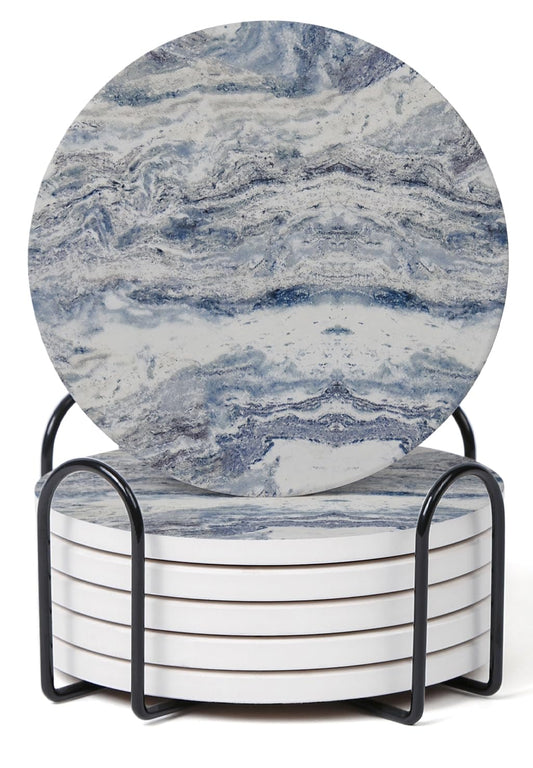 Hoomey Set of 6 Navy Abstract Onyx Marble Coasters with Holder, Absorbent Ceramic Coasters for Drinks, Coasters with Cork Backing for Table Protection, Coffee Table Decor