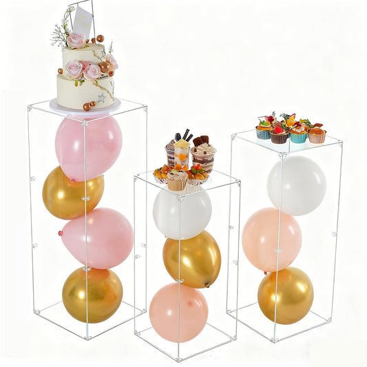 Vincidern 3pcs Acrylic Square Pedestal Stand for Party, Wedding, Events – Clear Display Plinth Pillars for Cake, Flowers, Sculptures, Birthday, Baby Shower, Art Gallery, Home Decor (31.5"/27.6"/23.6" H)