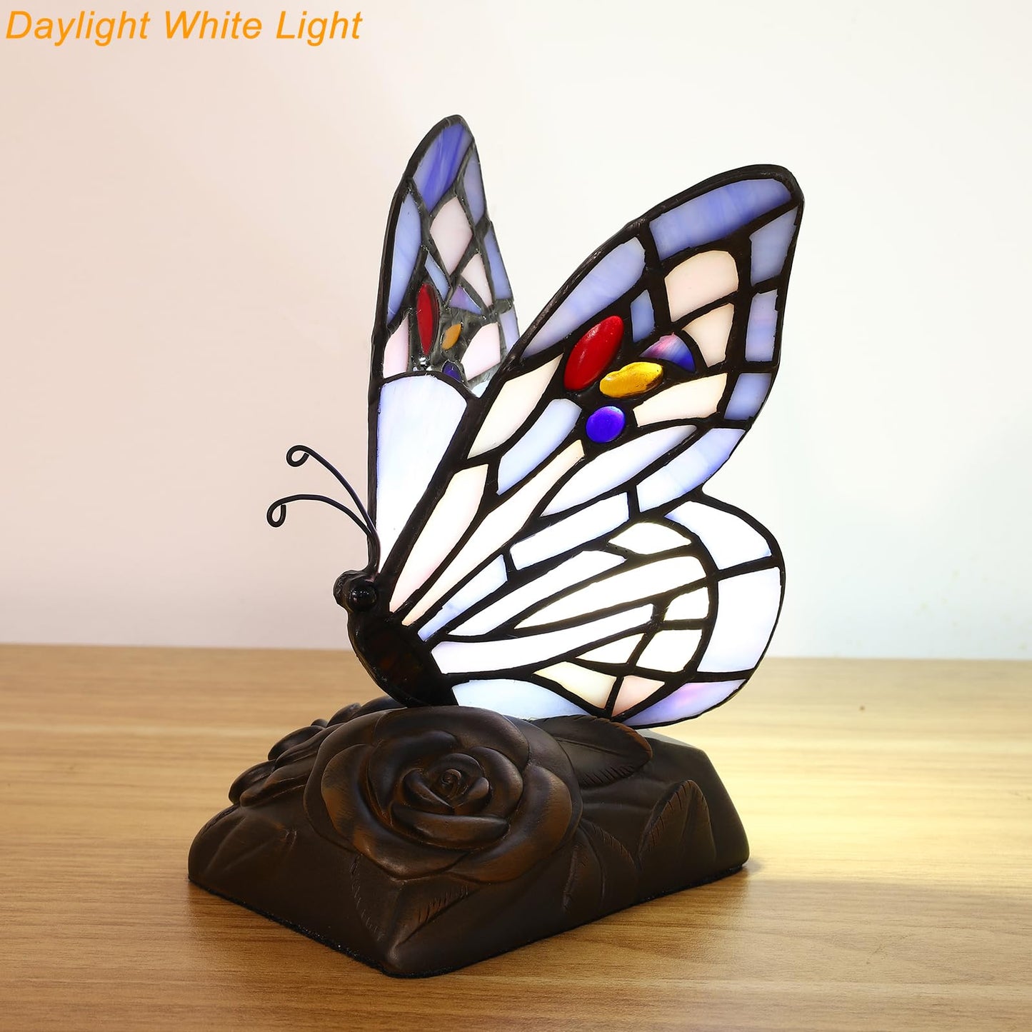 Tiffany Mini Table Lamp Blue Butterfly Stained Glass Cute Night Lights Hand-made 3 Color-temperature Table Lamps For Bedroom Bedside Nightstand Desk Lamps Christams Gifts (3X4X6.5inch) W/ LED Bulb