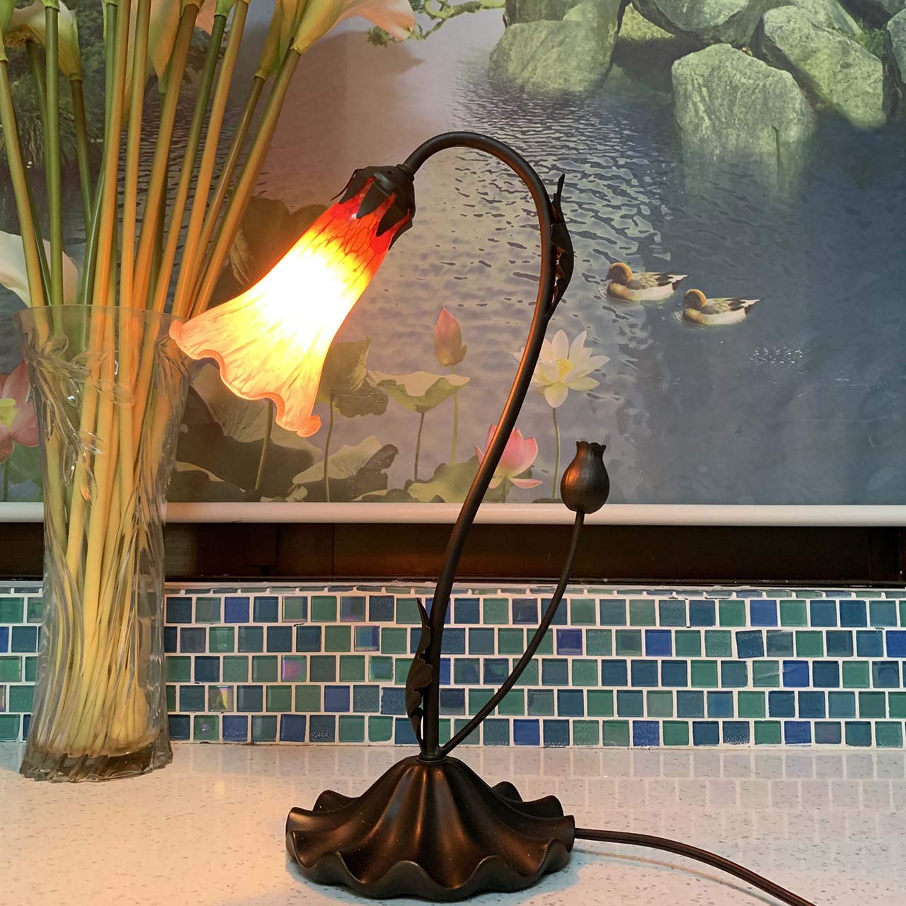 Bieye L10697 Lily Flower Blown Glass Accent Table Lamp for Living Room Bedroom Decoration (1-Light, Orange)