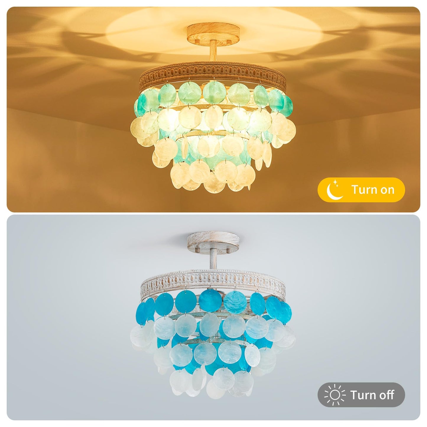 ElegLumi Capiz Shell Ceiling Light, 3-Light Gold Capiz Shell Close to Ceiling Light Fixture for Dining Room, Bedroom, Hallway, D13 × H13inch, Vintage White Finish Frame & Blue Capiz Shell
