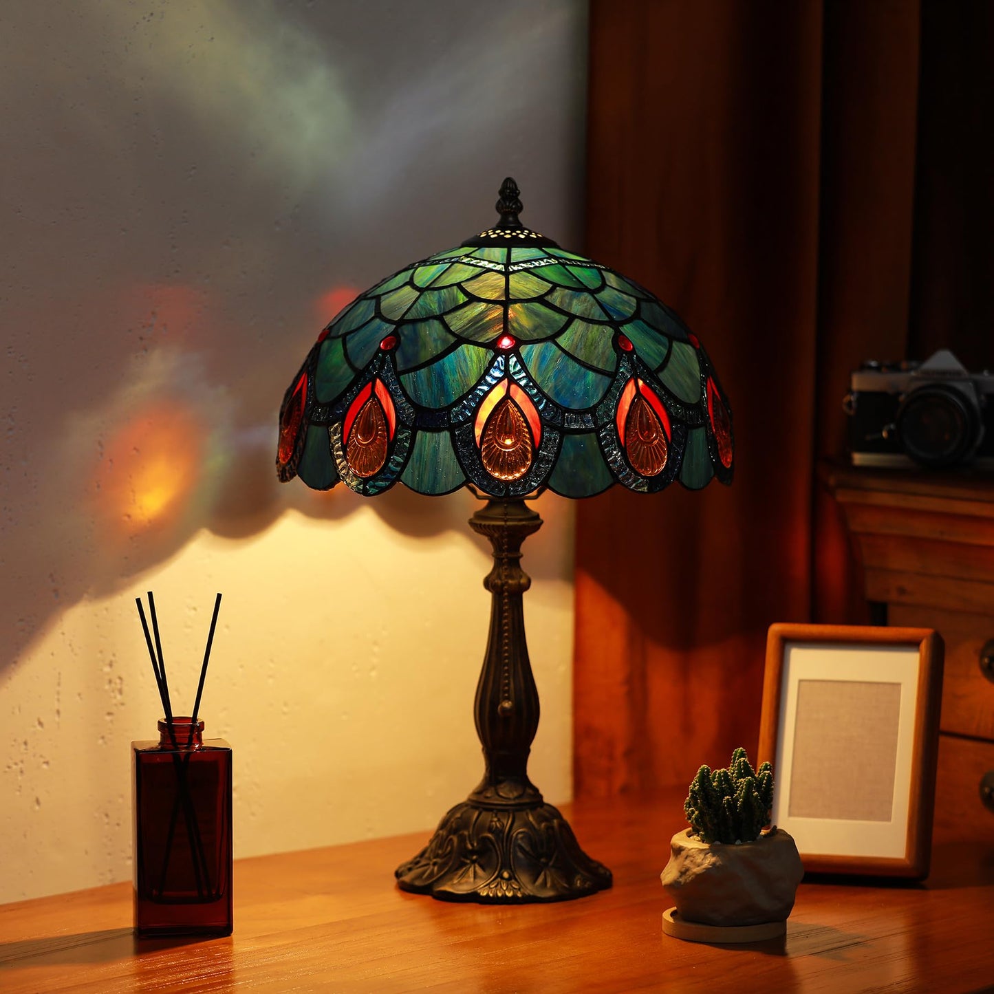 Tiffany Lamps Blue Peacock Tail Style Stained Glass Table Lamp Desk Bedside Reading Light 12X12X18.5 Inches with Bronze Resin Base Applicable to Bedroom Living Room Office