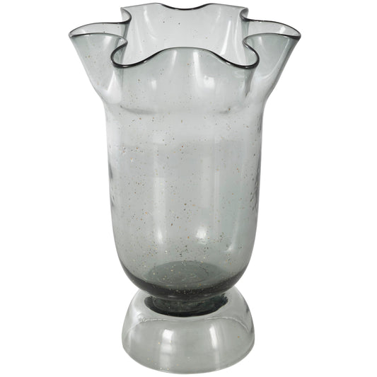 Deco 79 Glass Floral Decorative Vase Tulip Inspired Centerpiece Vase with Wavy Opening and Gold Speckles, Flower Vase for Home Decoration 9" x 8" x 14", Black