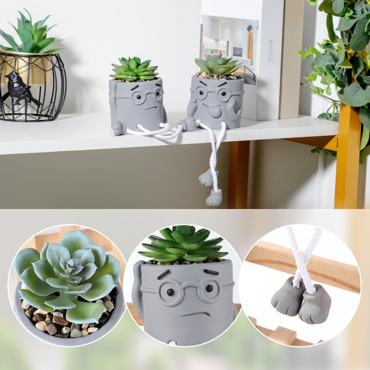 Uguisu 2 Pack Small Fake Plants for Desk Window sill Decor, Shelf sitters with Dangling Legs Cubicle Decor Cute Fake Succulent Hippy pots（Gray/2pcs）