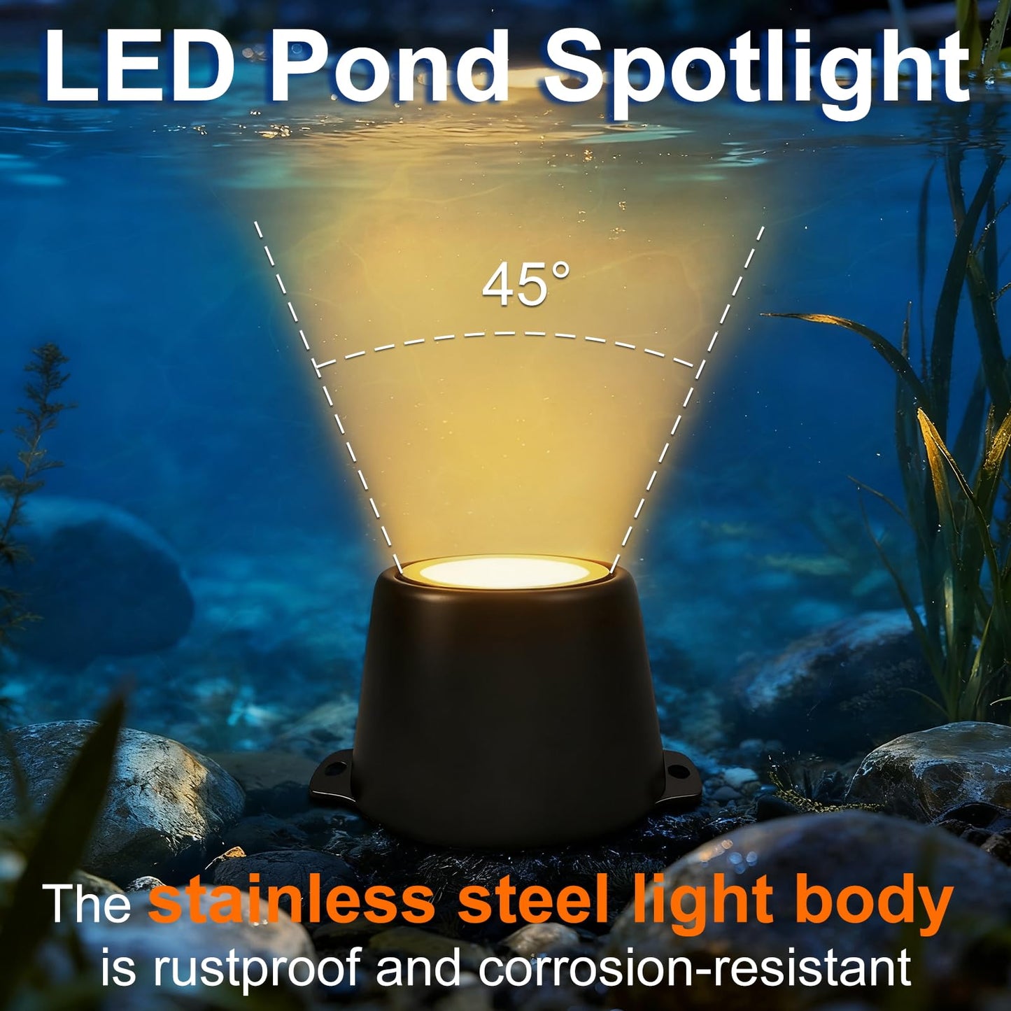 ZestPatio Pond Lights LED Underwater, 3000K Warm White 5W 12V-24V AC/DC Wired Submersible LED Spot Lights for Pond Fountain Waterfall Pool Aquascape, 45 Degree Angle, IP68, Stainless Steel, 6PK