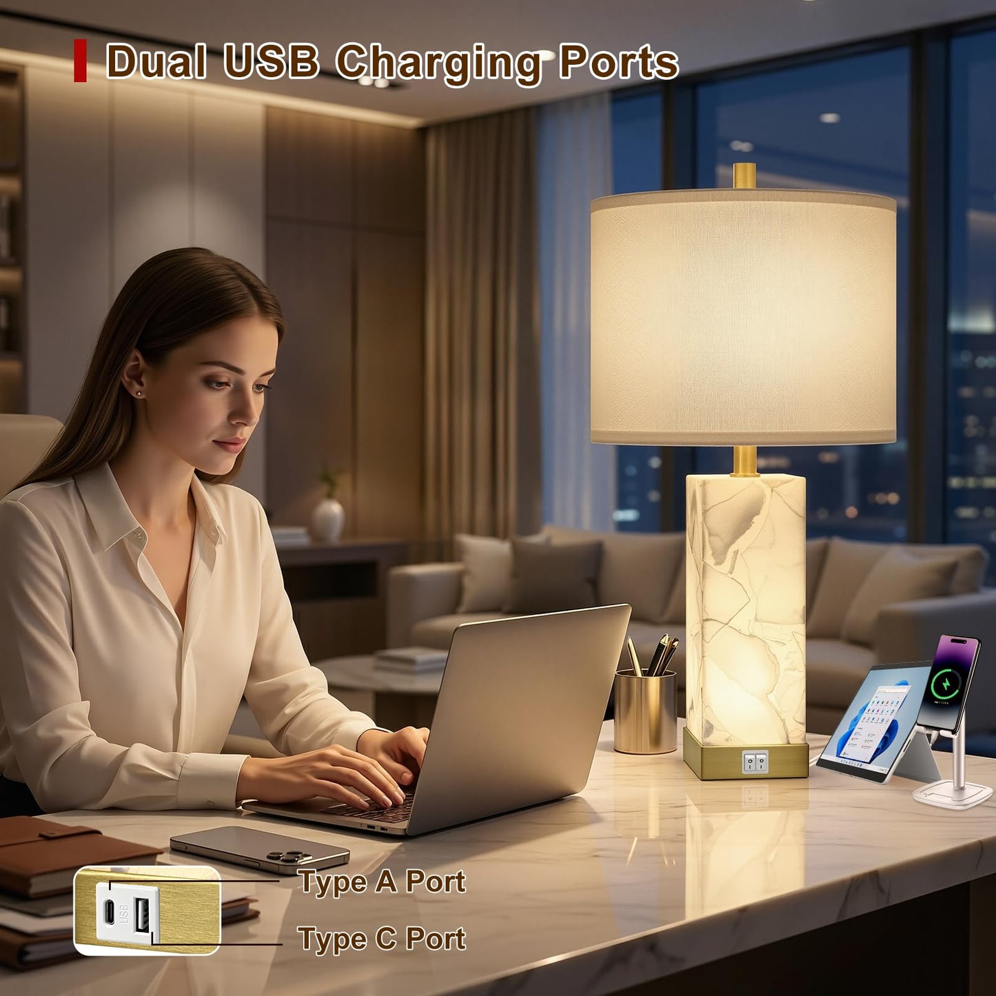 Scenekoy 23" Alabaster Table Lamps Set of 2 for Living Room Bedroom, Bedside Lamps with USB A+C Ports, Modern Table Lamp with Linen Shade for Living Room Bedroom Nightstand (Bulbs Included)