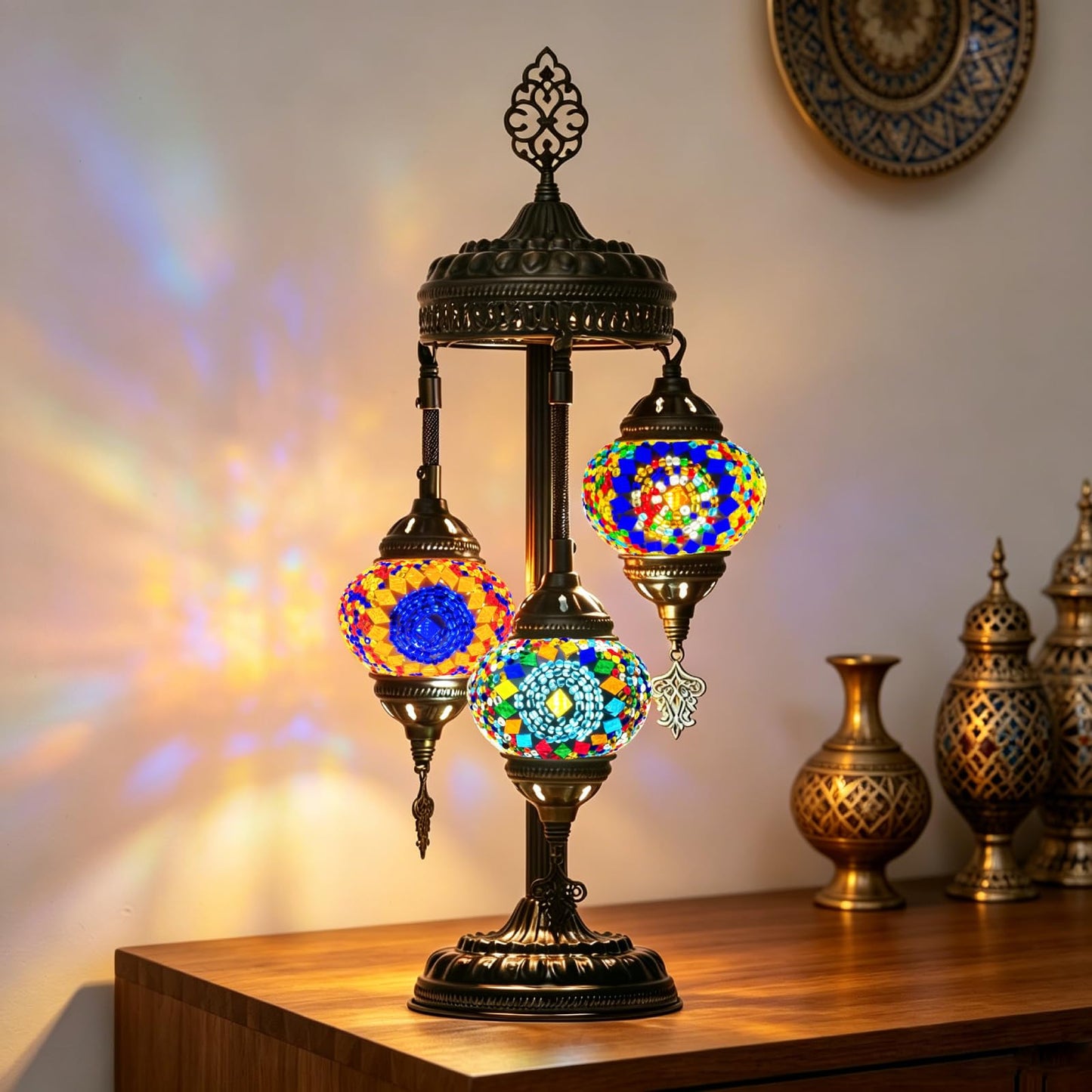 XUMAIDENG Turkish Moroccan Table Lamp Tiffany Style 3 Globes Mosaic Table Lamp Glass Bedside Lamps for Bedroom Living Room Handmade Stained Glass Lamp Vintage with Bronze Base Included LED Bulb