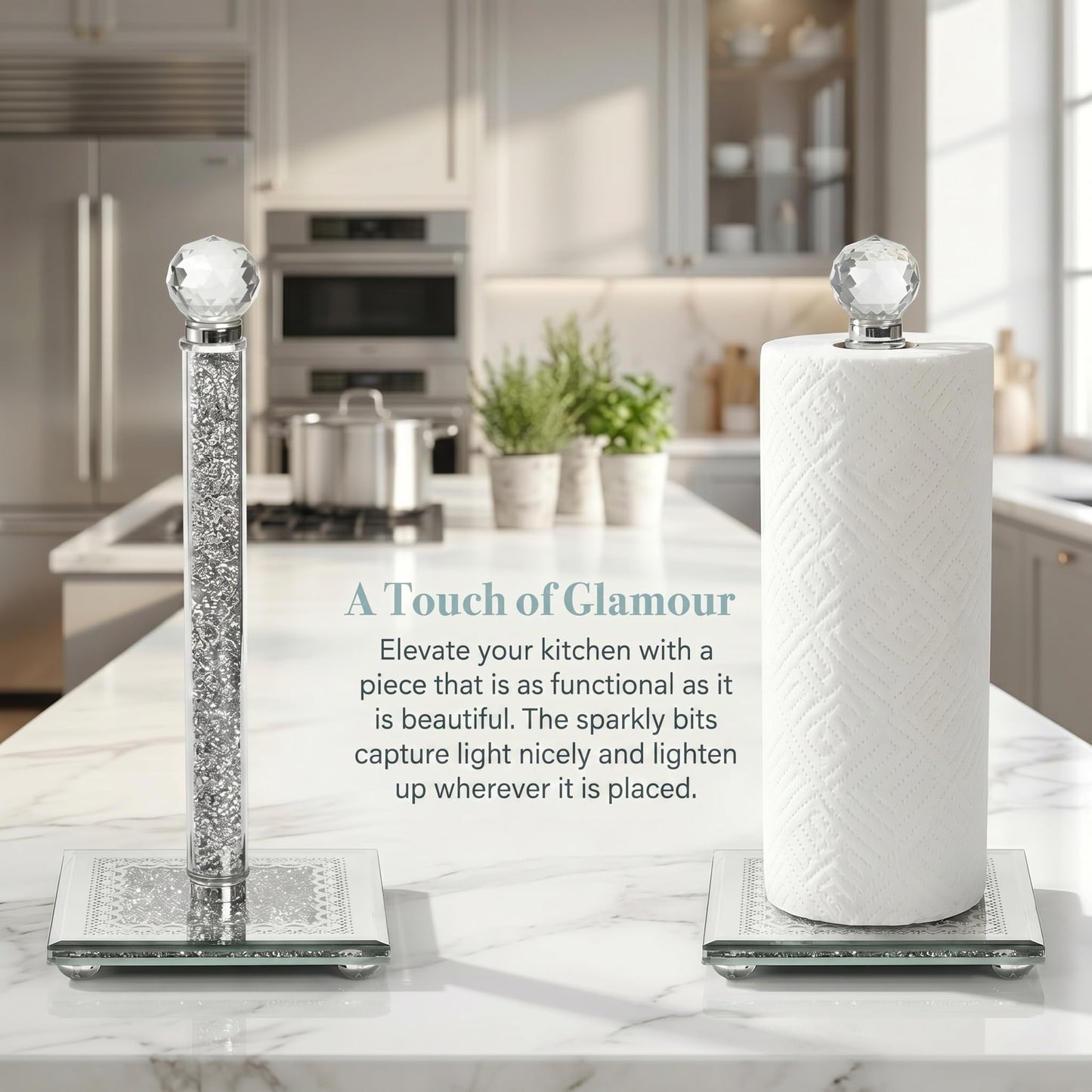 Suwimut Paper Towel Holder Countertop, Silver Paper Towel Roll Dispenser Stand Weighted Base Non Slip Filled with Sparkly Crystal Crushed Diamond for Home Kitchen Bathroom Tabletop