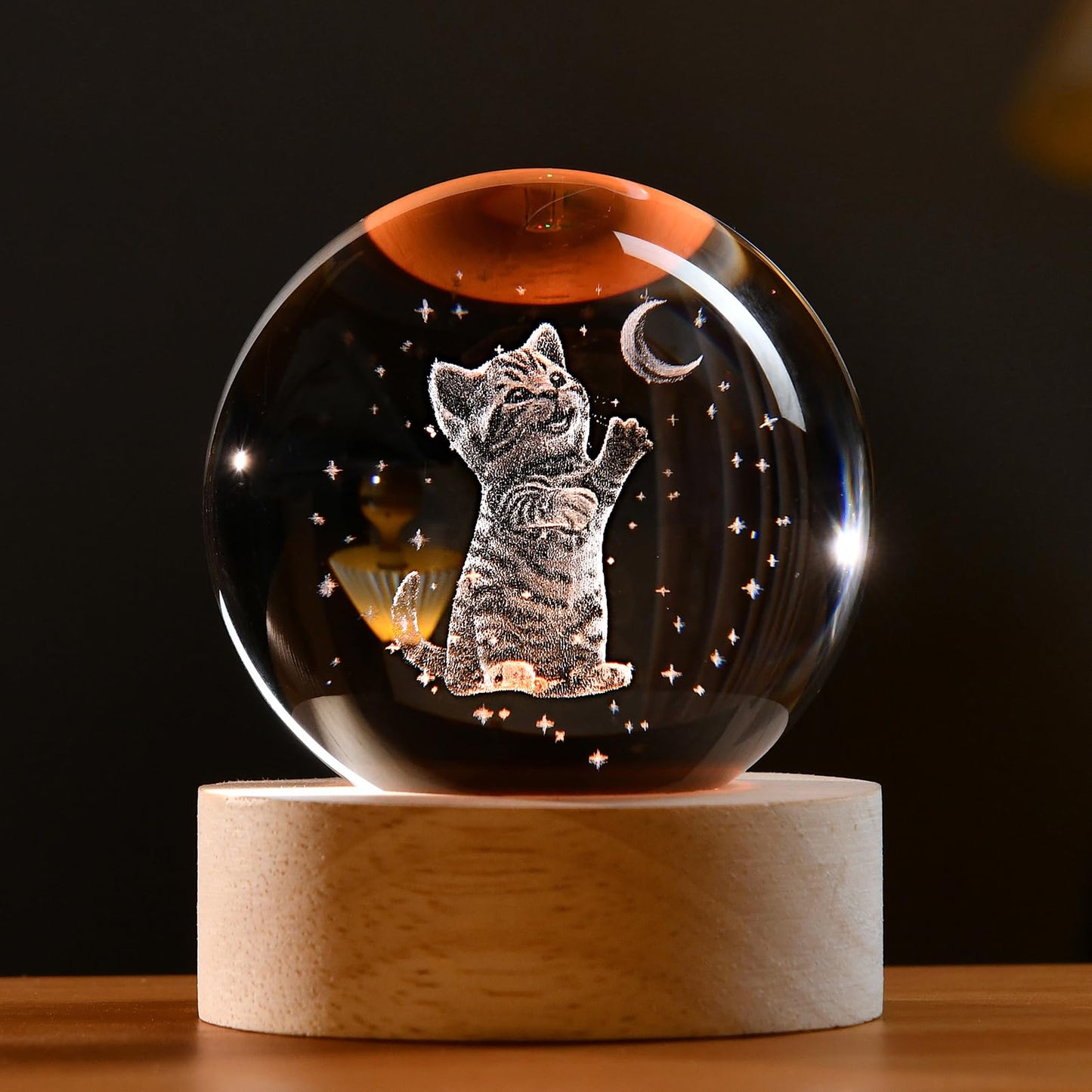IFOLAINA Cat Lovers Gifts for Women 2.36" Crystal Ball with Wooden Light Base 3D Cat Themed Gifts for Mom Wife Friends Birthaday Mothers Day Crystal Decorative Globe Lamp Decor