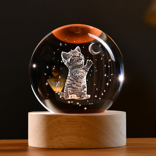 IFOLAINA Cat Lovers Gifts for Women 2.36" Crystal Ball with Wooden Light Base 3D Cat Themed Gifts for Mom Wife Friends Birthaday Mothers Day Crystal Decorative Globe Lamp Decor