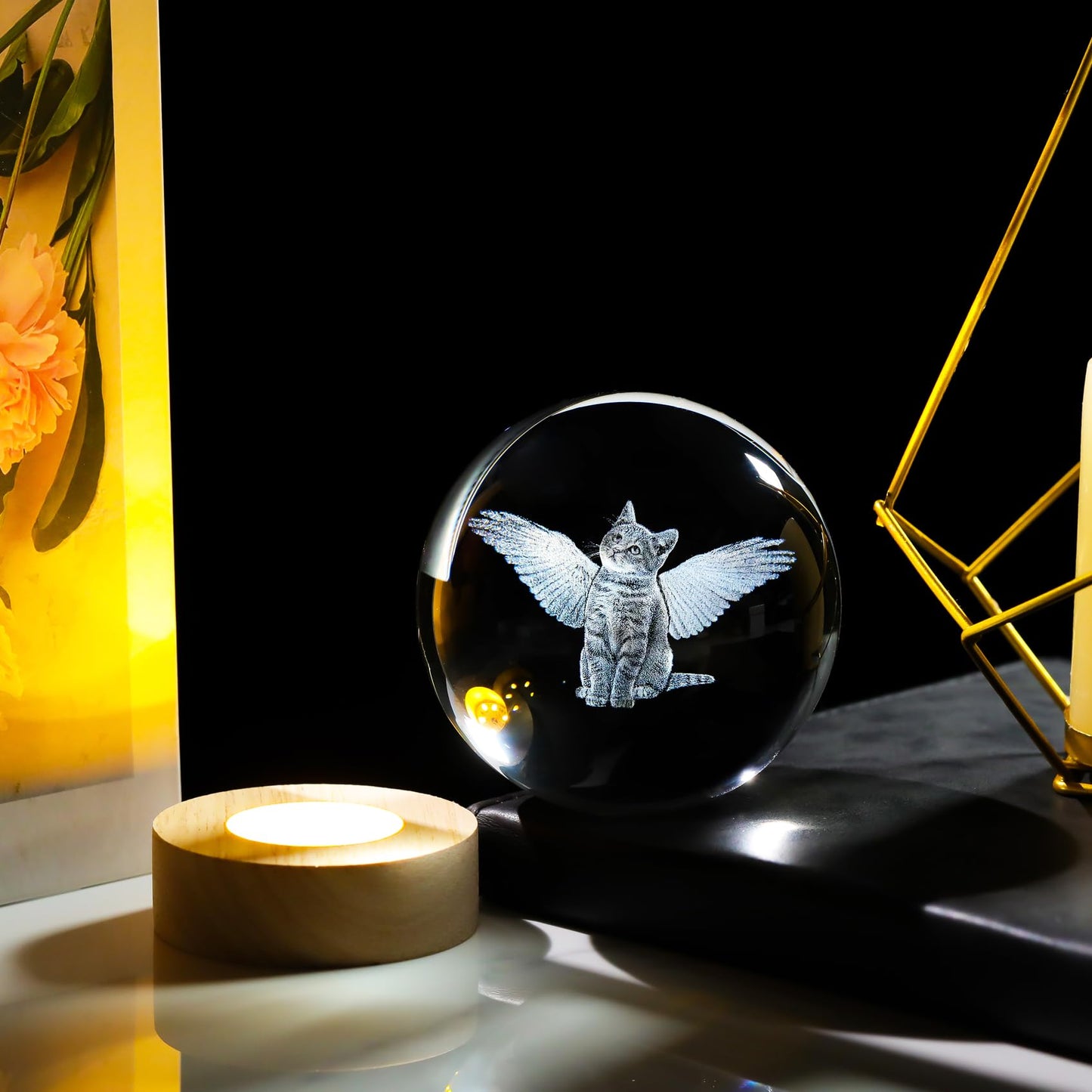 Arikyrist 3D Angel Cat Crystal Ball Figurines Gifts with LED Base for Women Her Mom on Birthday Cat Collectibles Home Decor Unique Lamp for Bedroom
