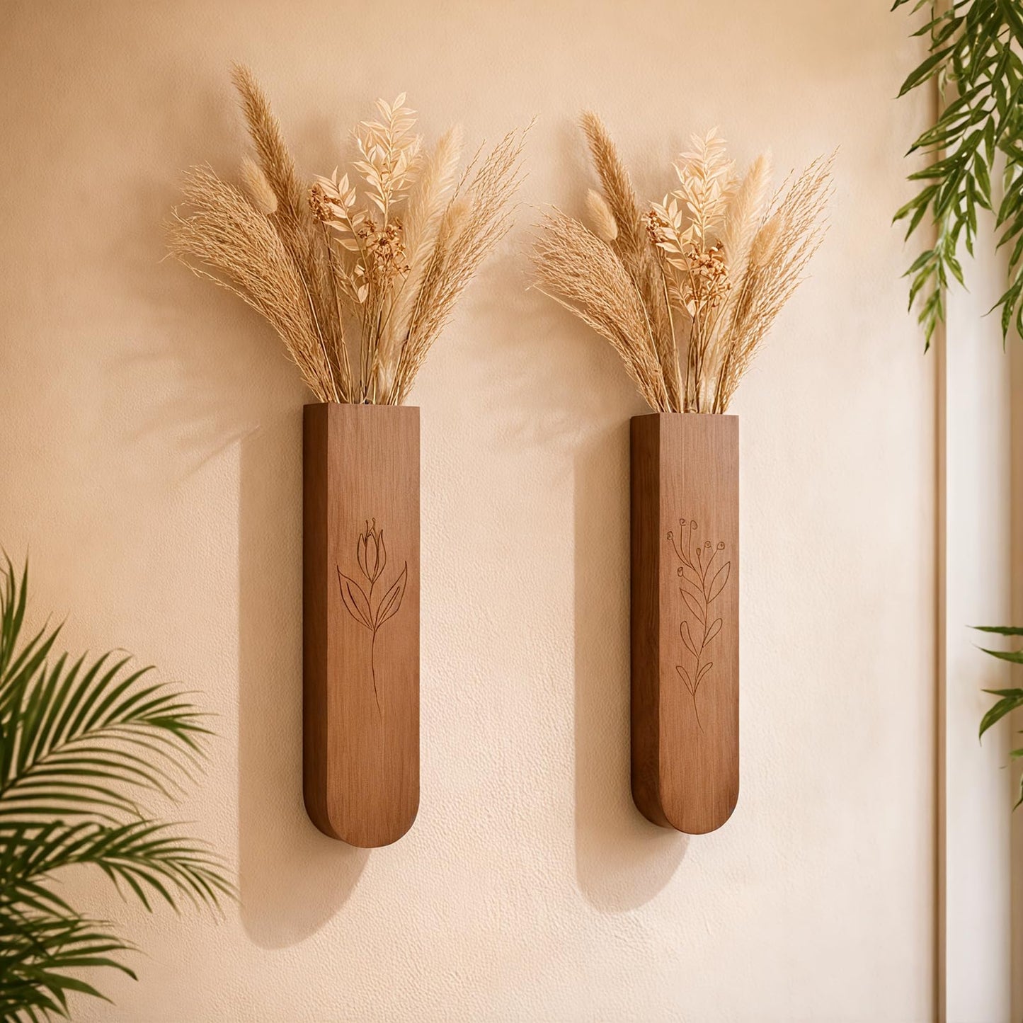 Wood Wall Vase Set of 2, 11.6 x 2.52 x 1.37 inch for Dried Flowers and Faux Greenery Plants for Bathroom,Kitchen,Farmhouse,Dining Room Wall Decor （Brown