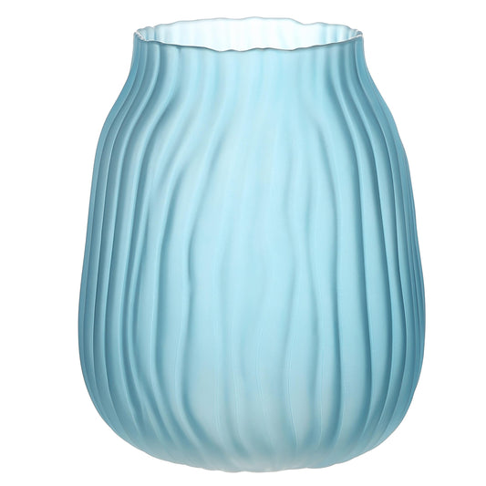 Frosted Blue Ribbed Glass Vase 8in Boho Elegant Decorative Vases for Home Flowers Arrangements, Centerpieces, Dinner Table and Modern Decor