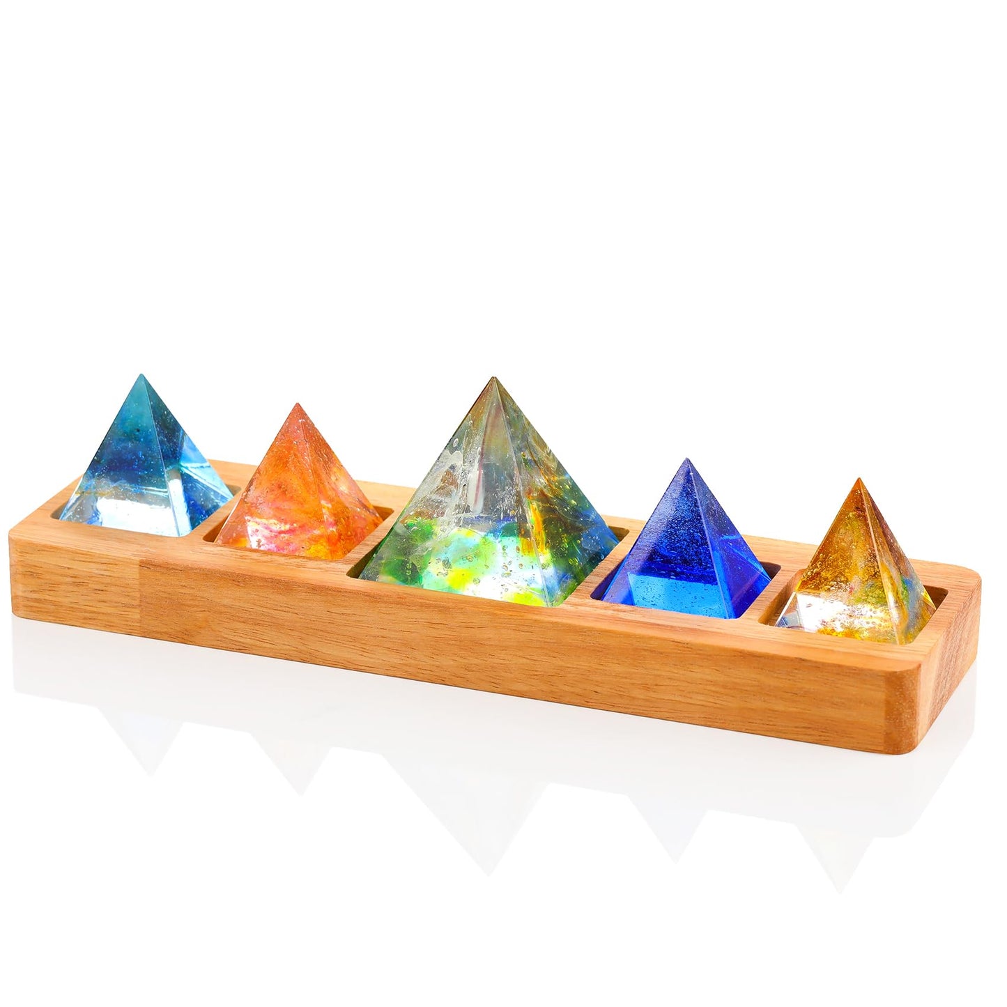 Ornalrist 5 Chakra Natural Healing Pyramid with Wooden LED Light Base Crystal Quartz Pyramid for Meditation, Positive Energy, Sleep, Spiritua Night Light Home Decor