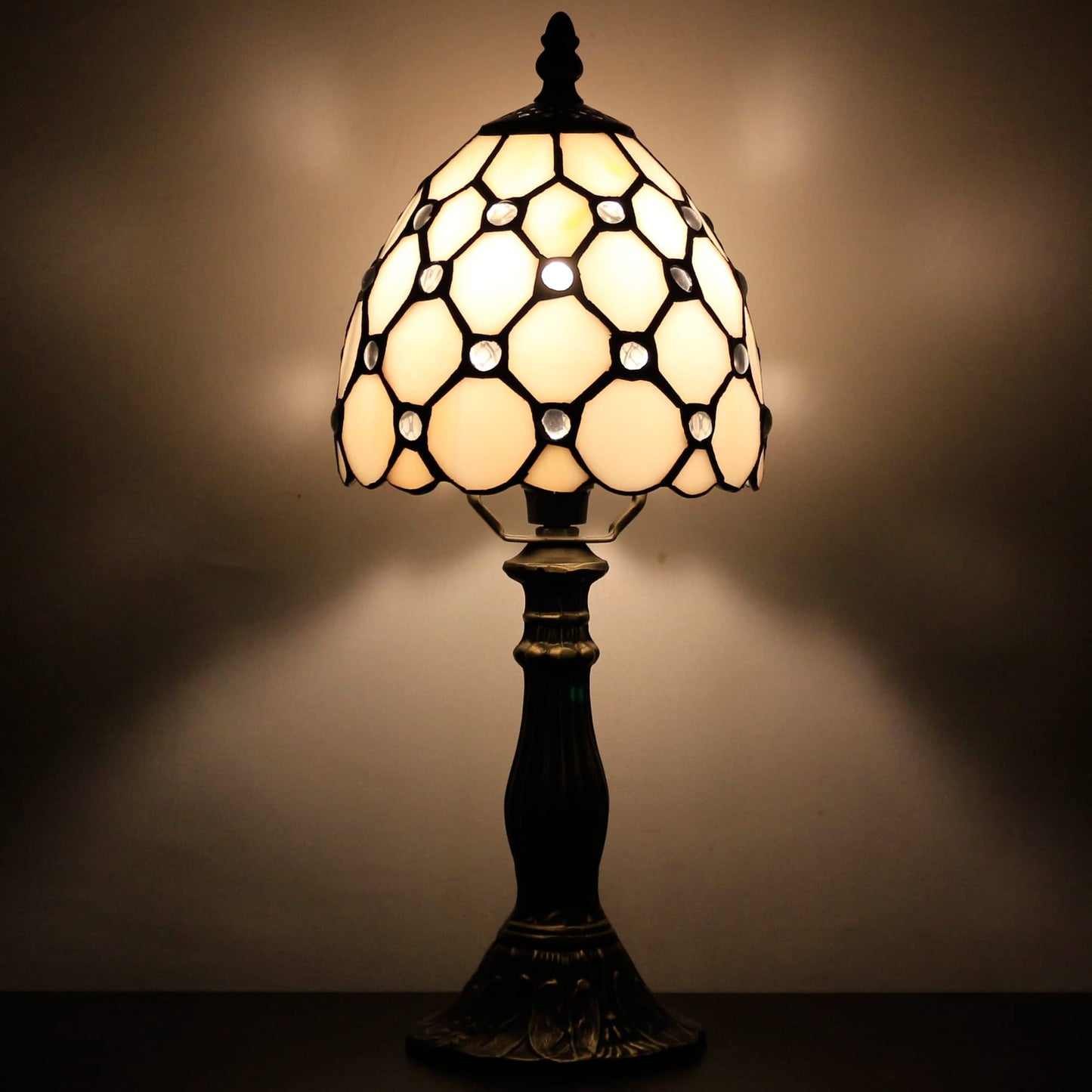 SYETL Small Tiffany Lamp Stained Glass Mini Accent Table Lamp Desk Memory Lamp Sympathy 6X14.6 Inch (Cream Pearl Bead Style)