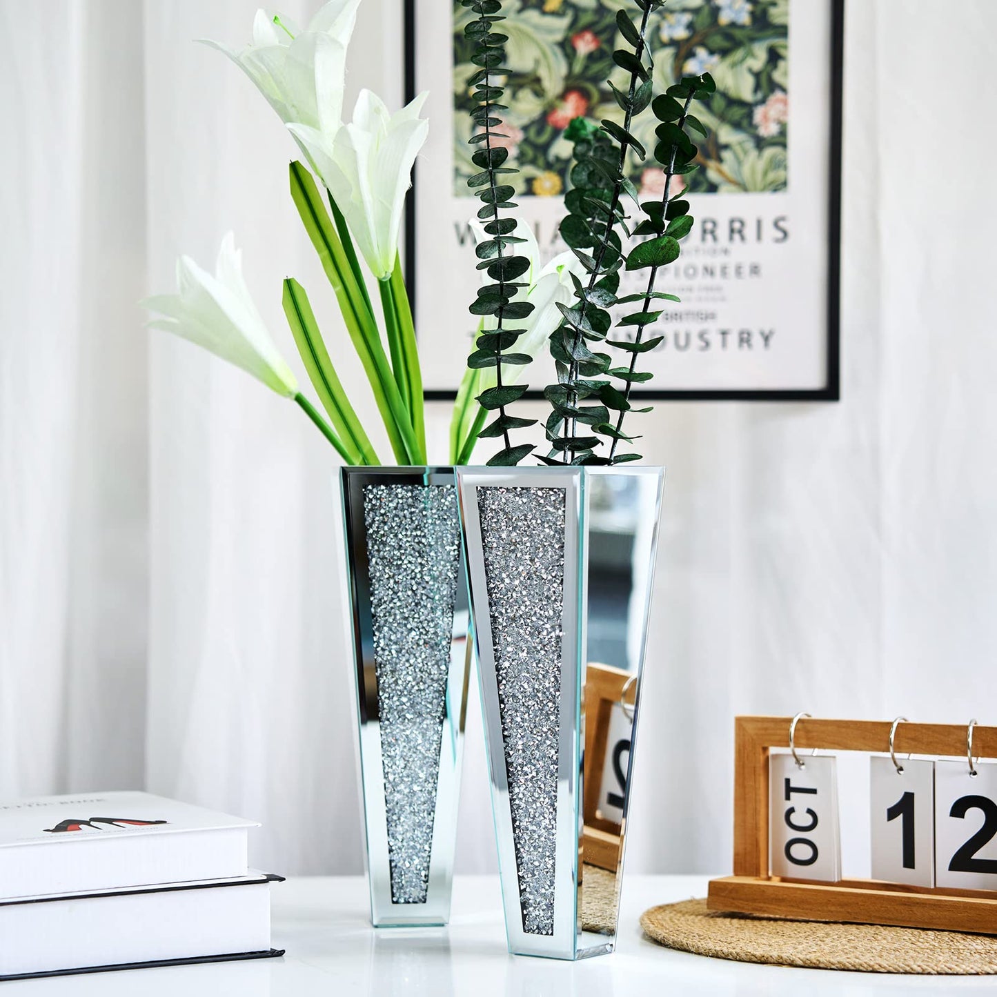 Crystal Wall Vase Hanging Flower-vase - Silver Crushed Diamond Mirrored Container Flower Vase Home Decor for Living Room, Dining Room, Bedroom, Set of 2 （11.2 Inch High） Wittolins