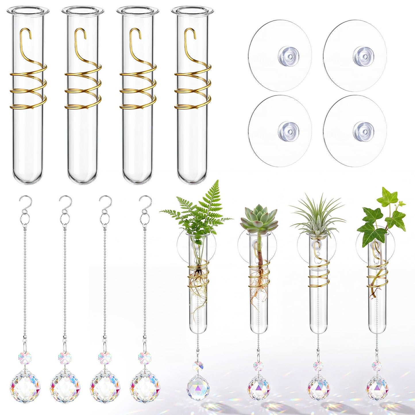 Zhehao 4 Set Window Hanging Propagation Stations 5.9'' Plastic Propagation Vases with Suction Cup & Crystal Pendants, Propagated Plant Holder Wall Jars for Home Office Garden Decoration Lover Gift