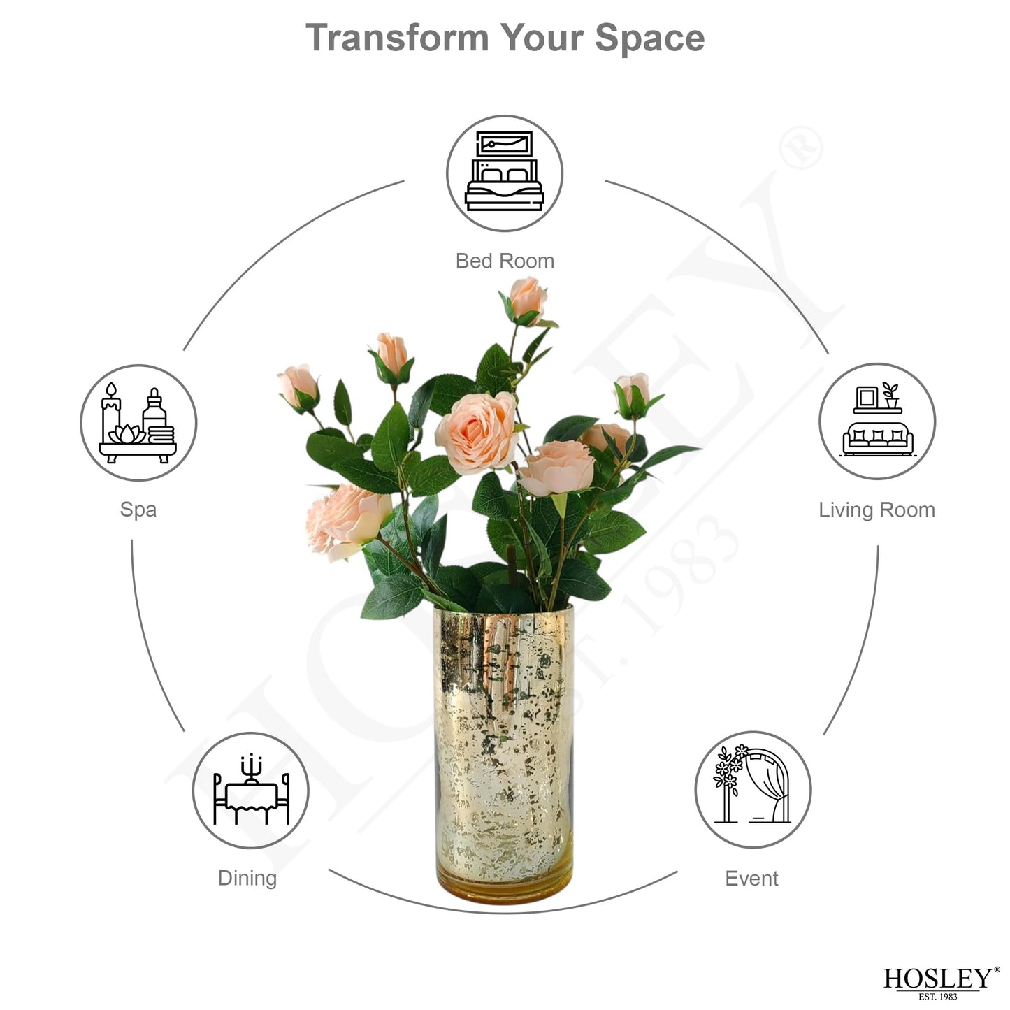 Hosley Set of 2 Mercury Gold Glass Vases – Elegant Flower Pots for Boho Decor, Wedding Gifts, Decorative Centerpieces, Hurricane Style Vase for Home, Events, and DIY Crafts