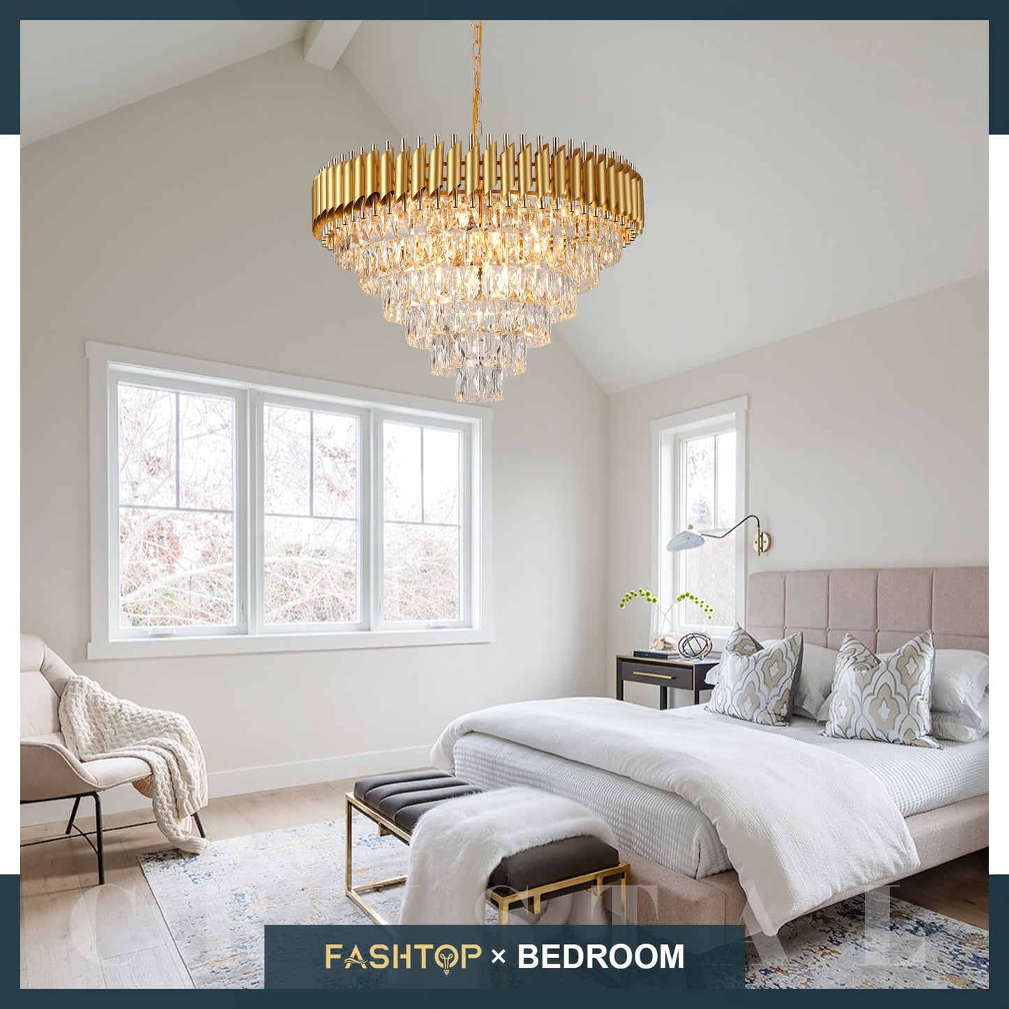 Fashtop K9 6-Tiers Modern Gold Crystal Chandelier 30'' Contemporary Crystal Pendant Chandeliers Light Fixture 16 Lights for Living Room Dining Room Bedroom Entryway Foyer High Ceiling，E12 Base ﻿ ﻿