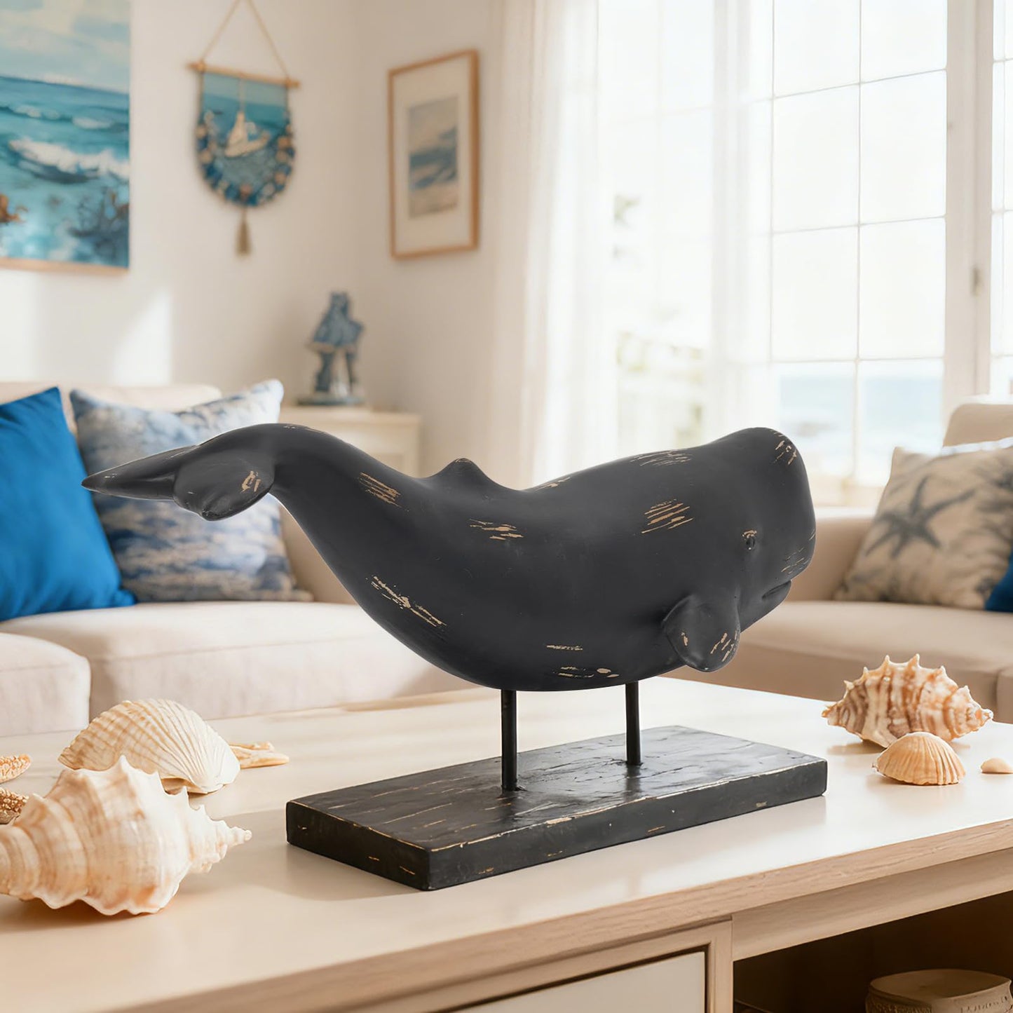 Guichifun Whale Statue Home Decor Accents - Resin Black Distressed Finish Farmhouse Ocean Whale Figurine Desk Decor for Living Room Office Shelf Marine Themed Decorations Gift 16.5 x 7.2 x 8.6 Inch