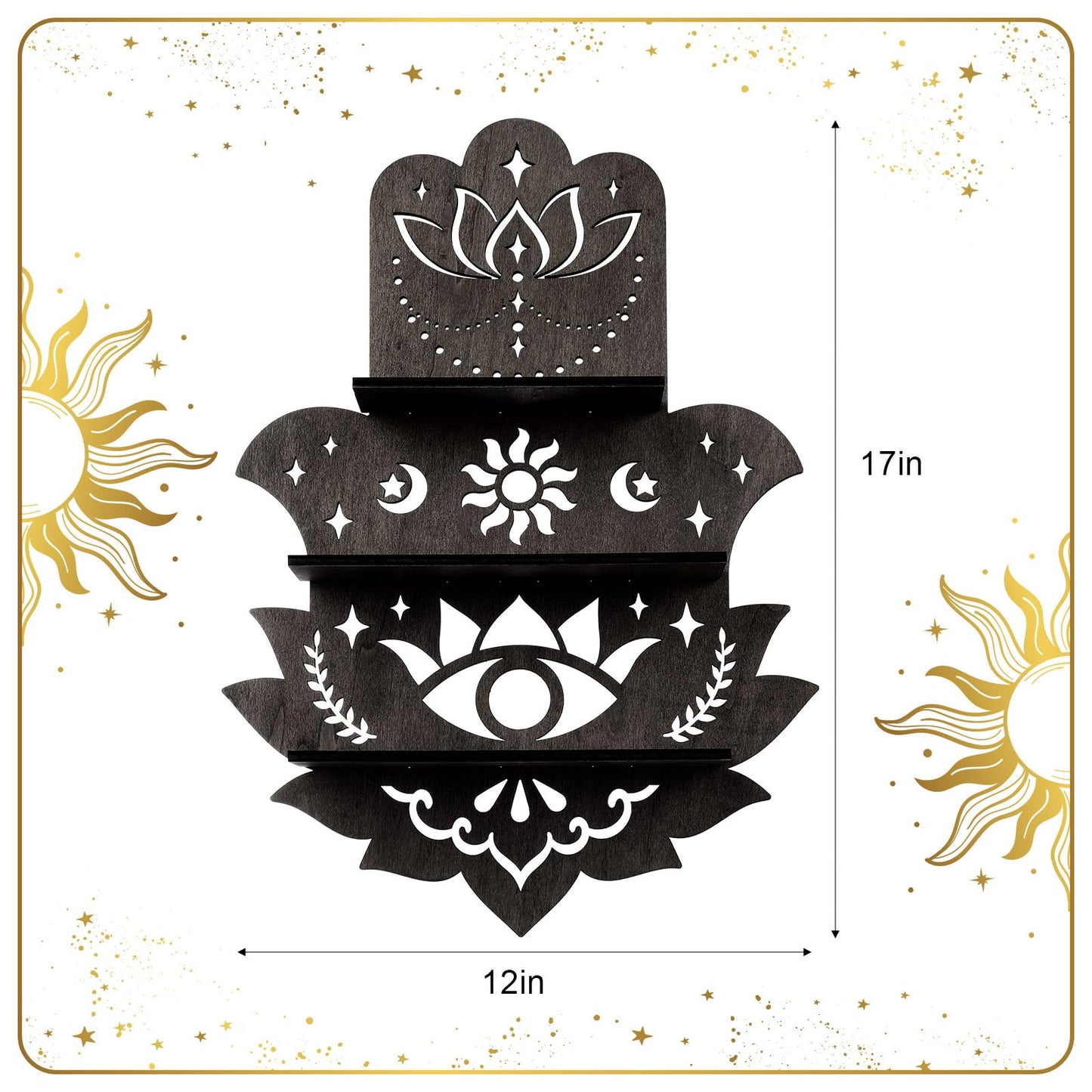 Maitys Hamsa Wall Decor Lotus Crystal Shelf Display for Evil Eye - Large 17'' Hamsa Hand Boho Wooden Hanging Crystal Holder Aesthetic Zen Meditation Spiritual Gift Witch Yoga Decor (Black)