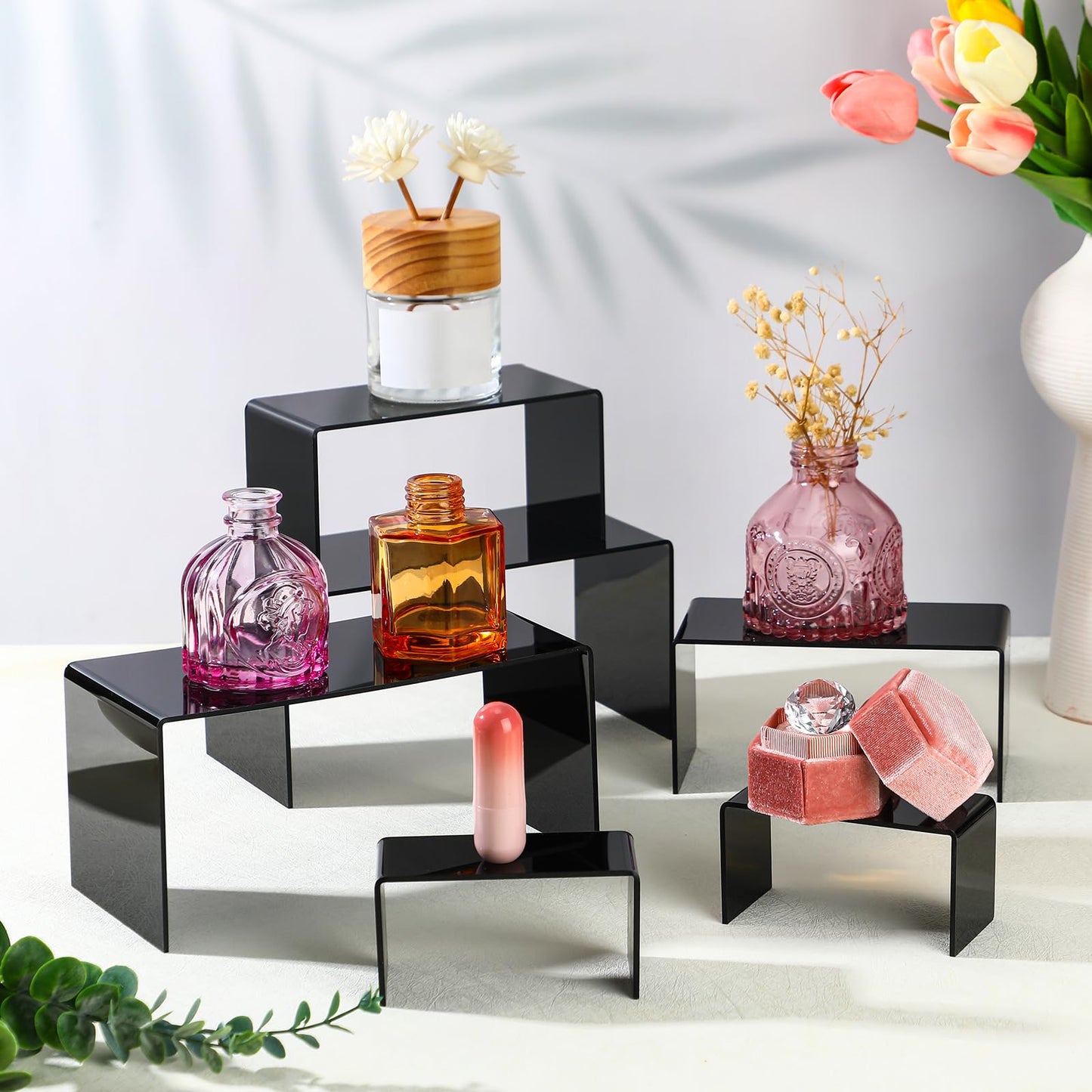 Chuangdi 2 Sets Large Acrylic Risers Display Stands for Figures Collectibles, Shelf Showcase for Dessert Cupcake Candy Treat Action Product Jewelry(Black,Large Set)