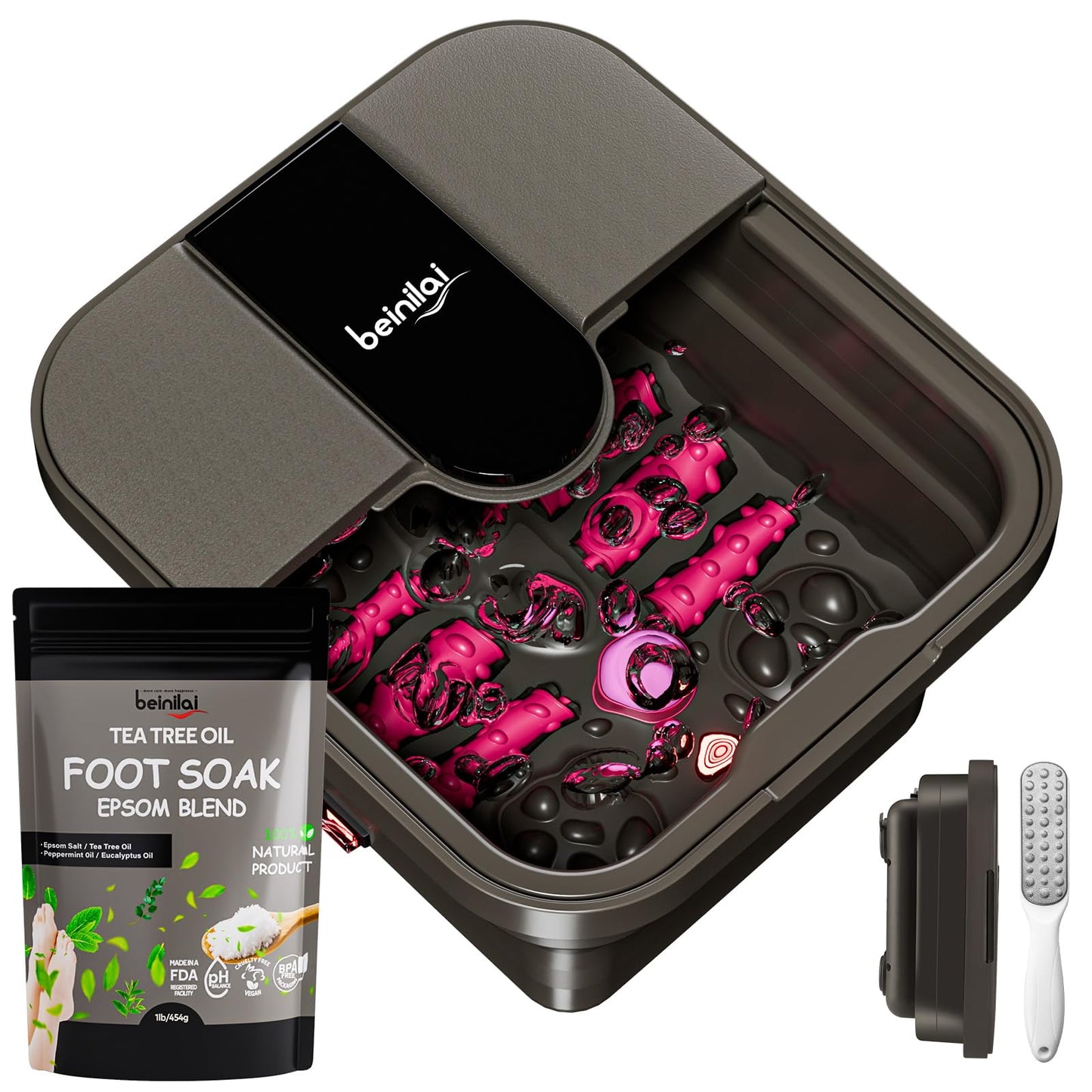 Beinilai Collapsible Foot Spa Bath with Heat,Bubble,Massage Rollers, Tea Tree Oil Foot Soak with Epsom Salt, Pedicure Foot File, Red Light,Removable Pumice Stone,Pedicure Foot Spa