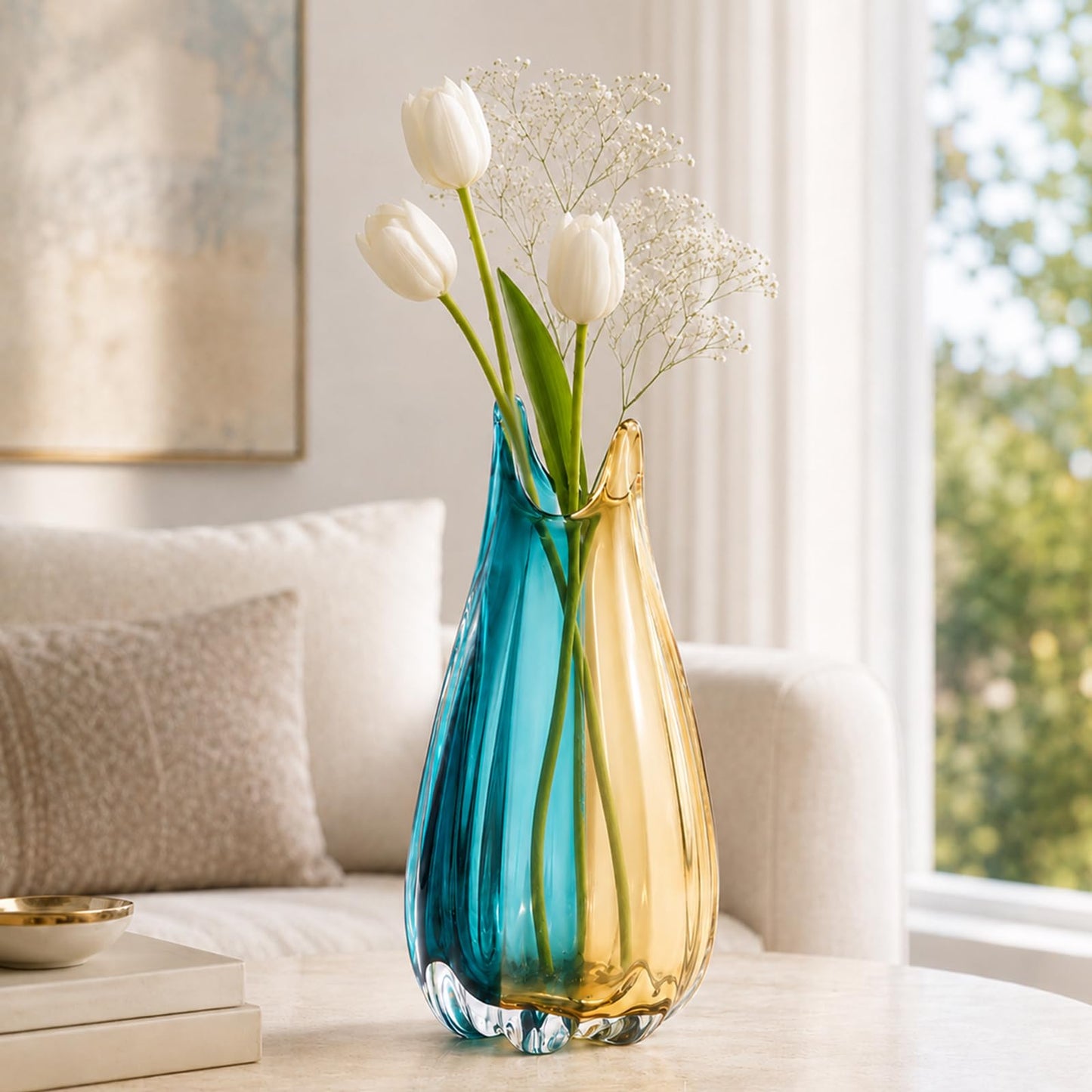 Hand Blown Glass Vase, Medium Wide Mouth Flower Vase Unique Modern Turquoise Glass Art Decor, Nonbreakable Vases for Table Centerpieces Living Room Decorative Amber and Teal Vase