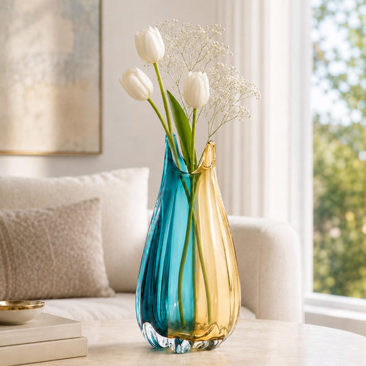 Hand Blown Glass Vase, Medium Wide Mouth Flower Vase Unique Modern Turquoise Glass Art Decor, Nonbreakable Vases for Table Centerpieces Living Room Decorative Amber and Teal Vase