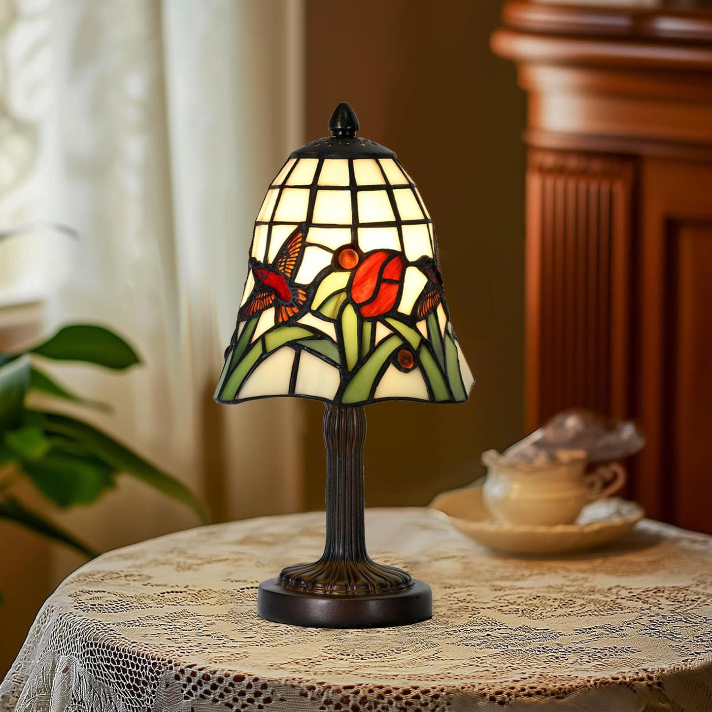 HomeBeauty TL0039 Tiffany Style Mini Table Lamp,Handmade Stained Glass Hummingbird Tulip Accent Lamp,W 6" x H 11.75" Small Desk Lamp for Bedroom Living Room,Nightstand,Coffee Table, LED Bulb Included