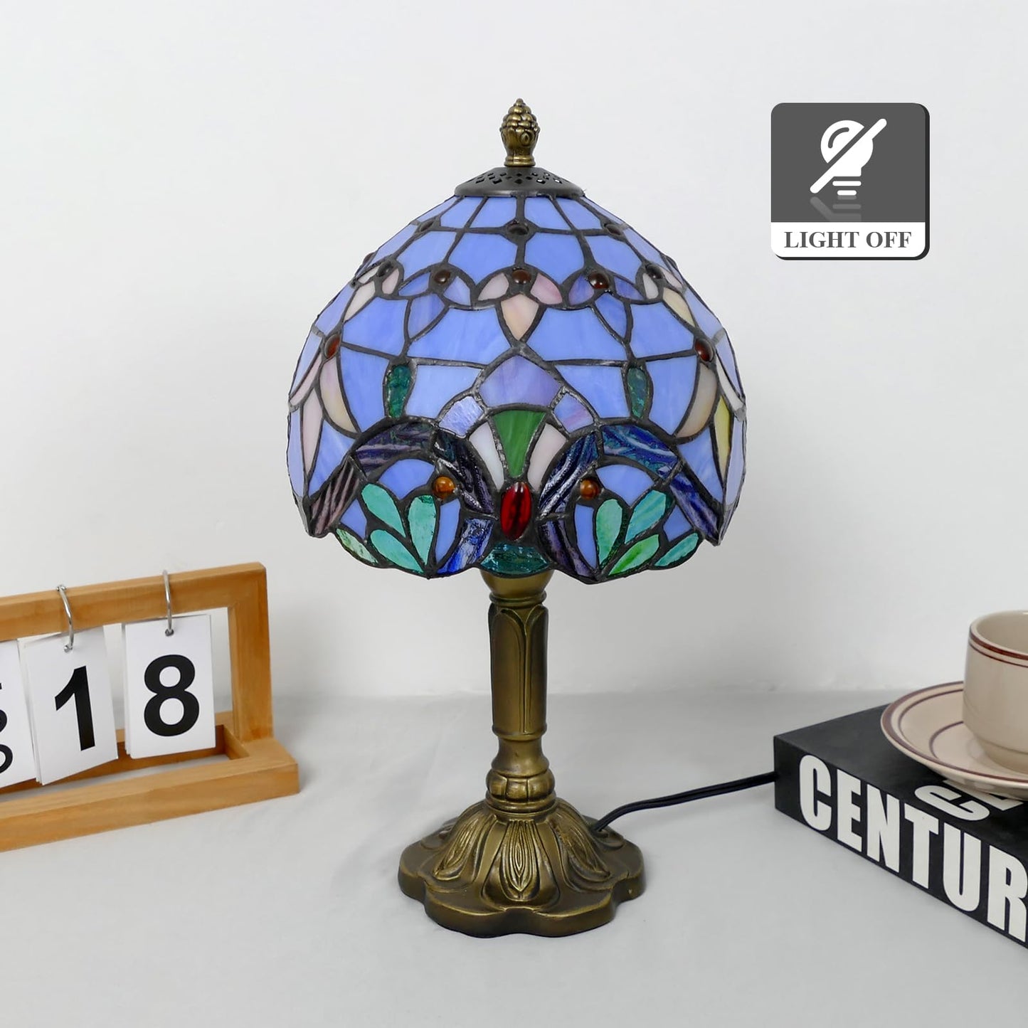 VirtueKing Tiffany Table Lamp Blue Baroque Handmade Stained Glass Desk Lamps 8" Wide 15" Tall Vintage Reading Lamp for Office, Living Room, Bedroom, LED Bulb Included