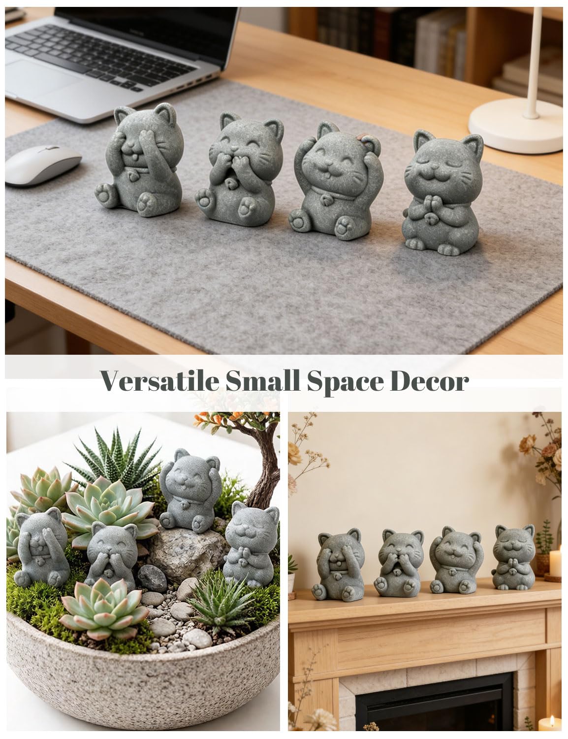 BEIZHAN 4 Piece Cute Cat Figurine Set, Sandstone See no Evil,Hear no Evil,Speak no Evil,Do no Evil Statues, Zen Desk/Garden Decor, Adorable Kitty Accents for Home Office