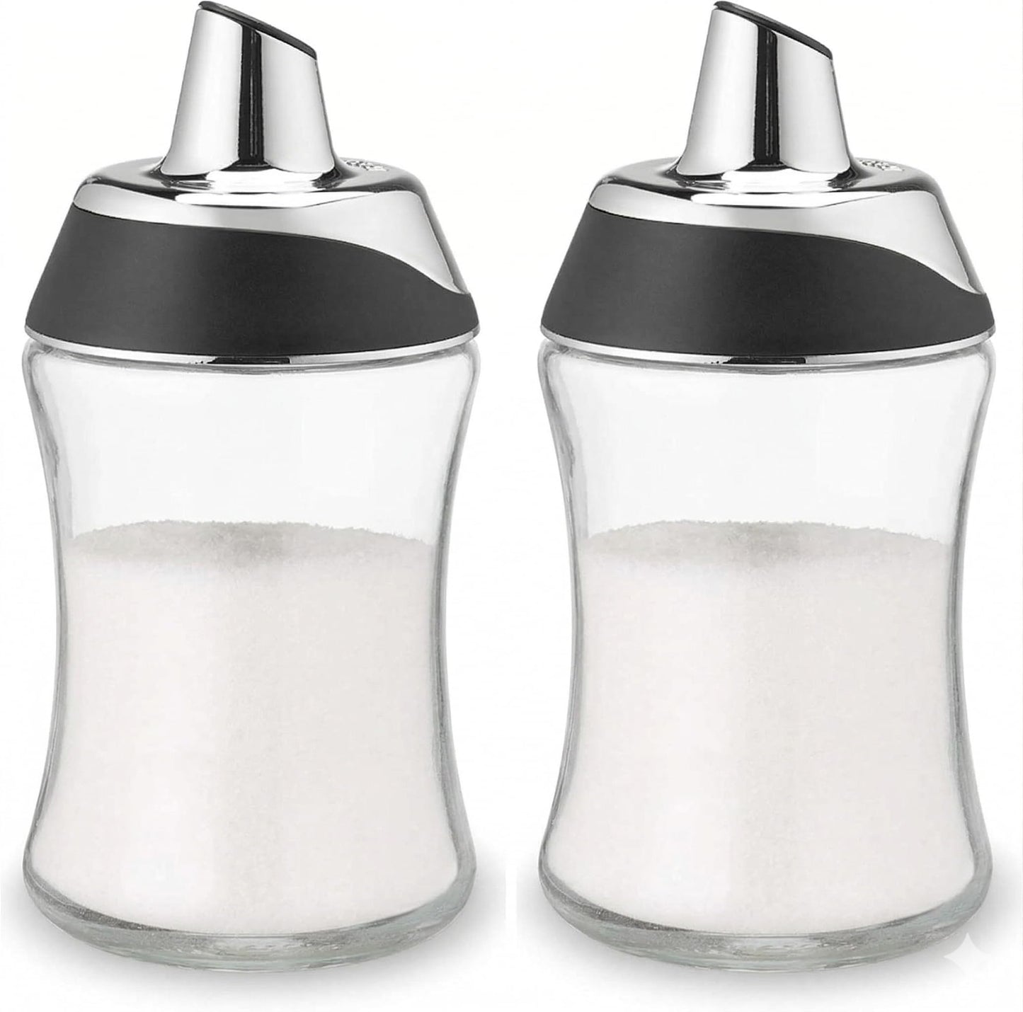 J&M Design 2-Pack Glass Sugar Dispenser & Shaker for Coffee, Cereal, Tea & Baking with Pour Spout and Lid for Easy Spoon Measuring Pouring - 7.5oz Jar Container - Coffee Bar Accessories & Essentials