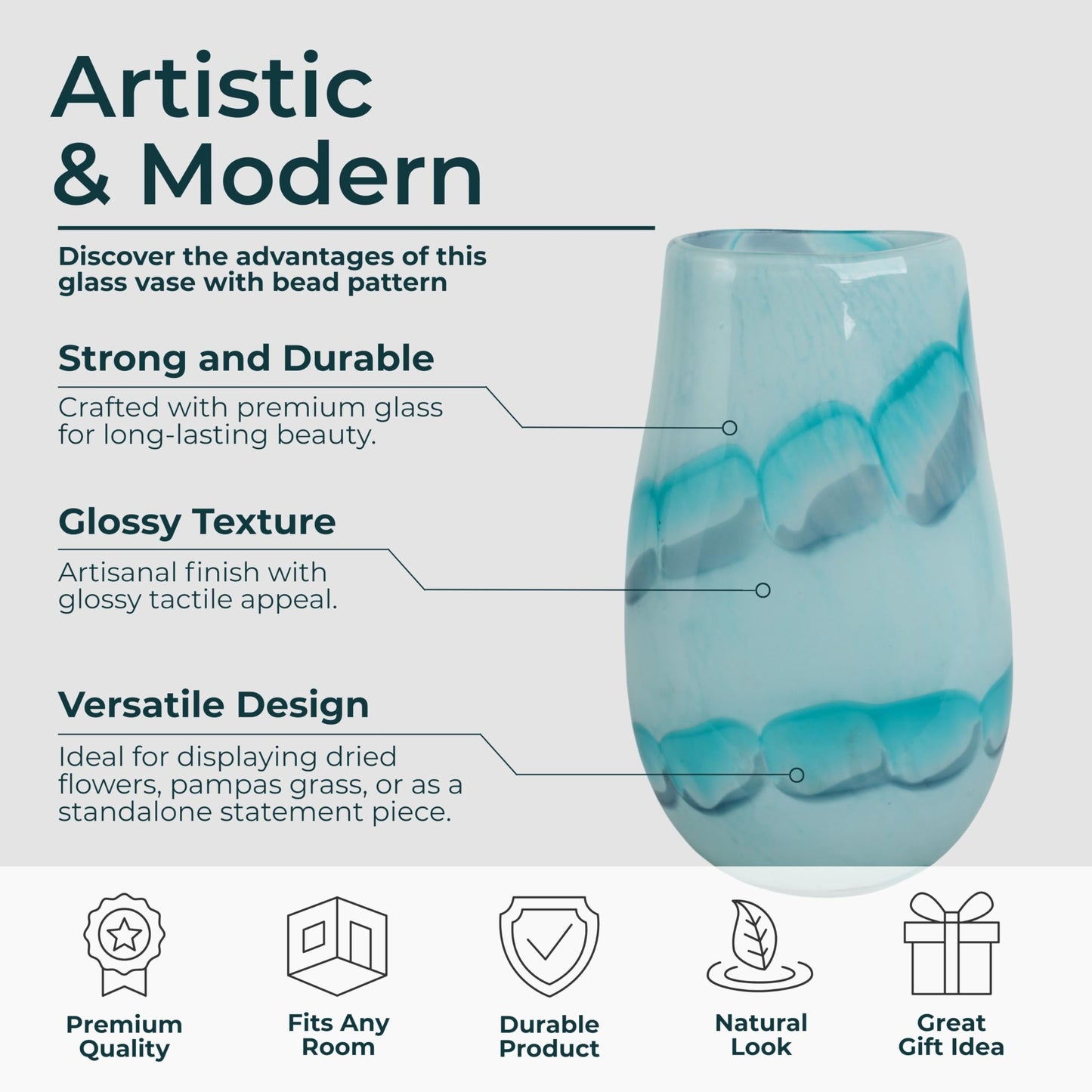 Glass Vase – Vase for Fresh or Dried Flowers, Living Room, Bedroom, or Entryway Tabletop Decor, Coastal Wave Design Home Decor Accent that Adds Calm, Collected Style – 12", Blue