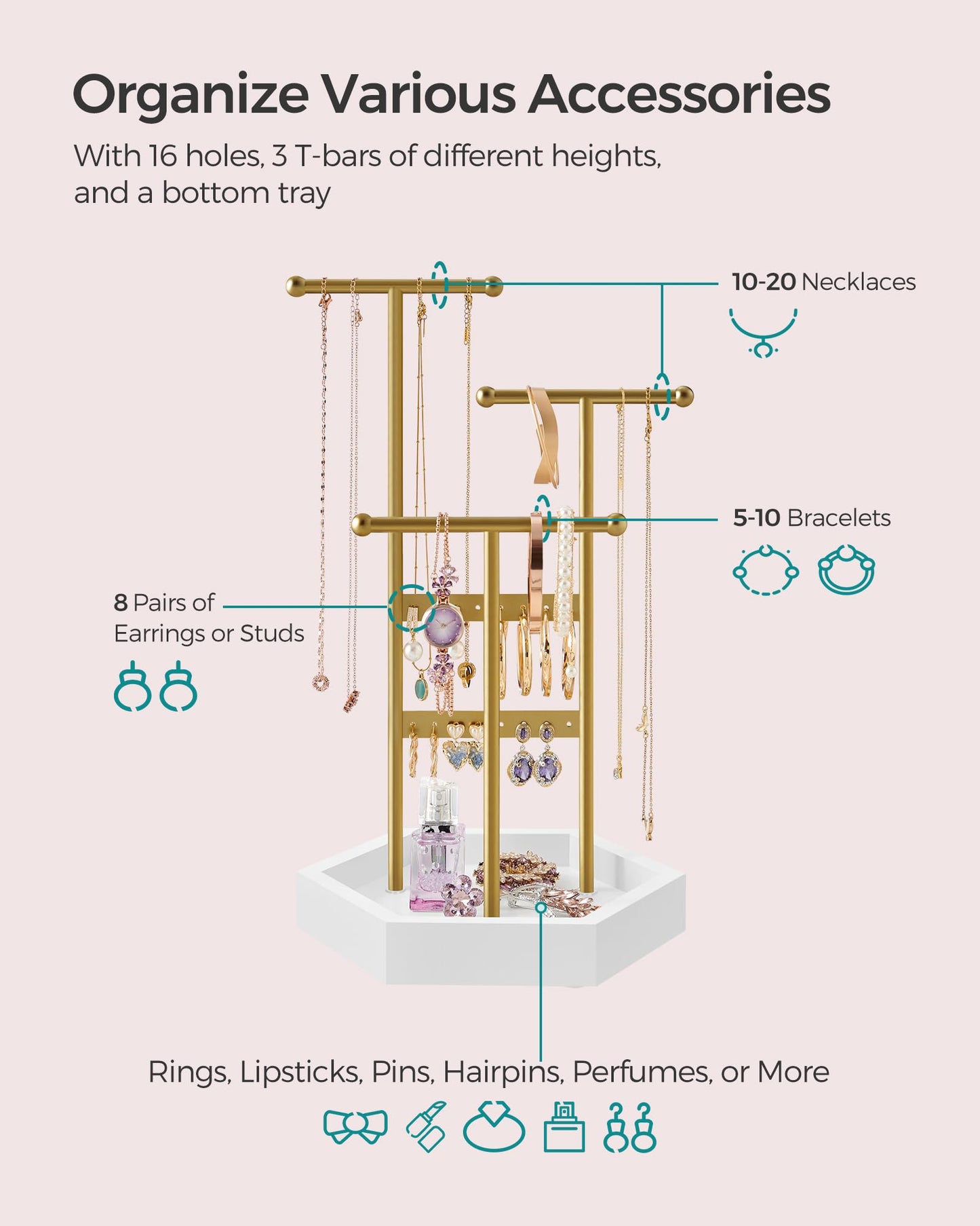 SONGMICS Set of 2 Jewelry Holders Organizers, 3 Tiers and 1 Tray, Jewelry Display Stands with Metal Frame, Necklace Earring Bracelet Holder, for Rings, Pale Gold and White UJJS003A01-2J