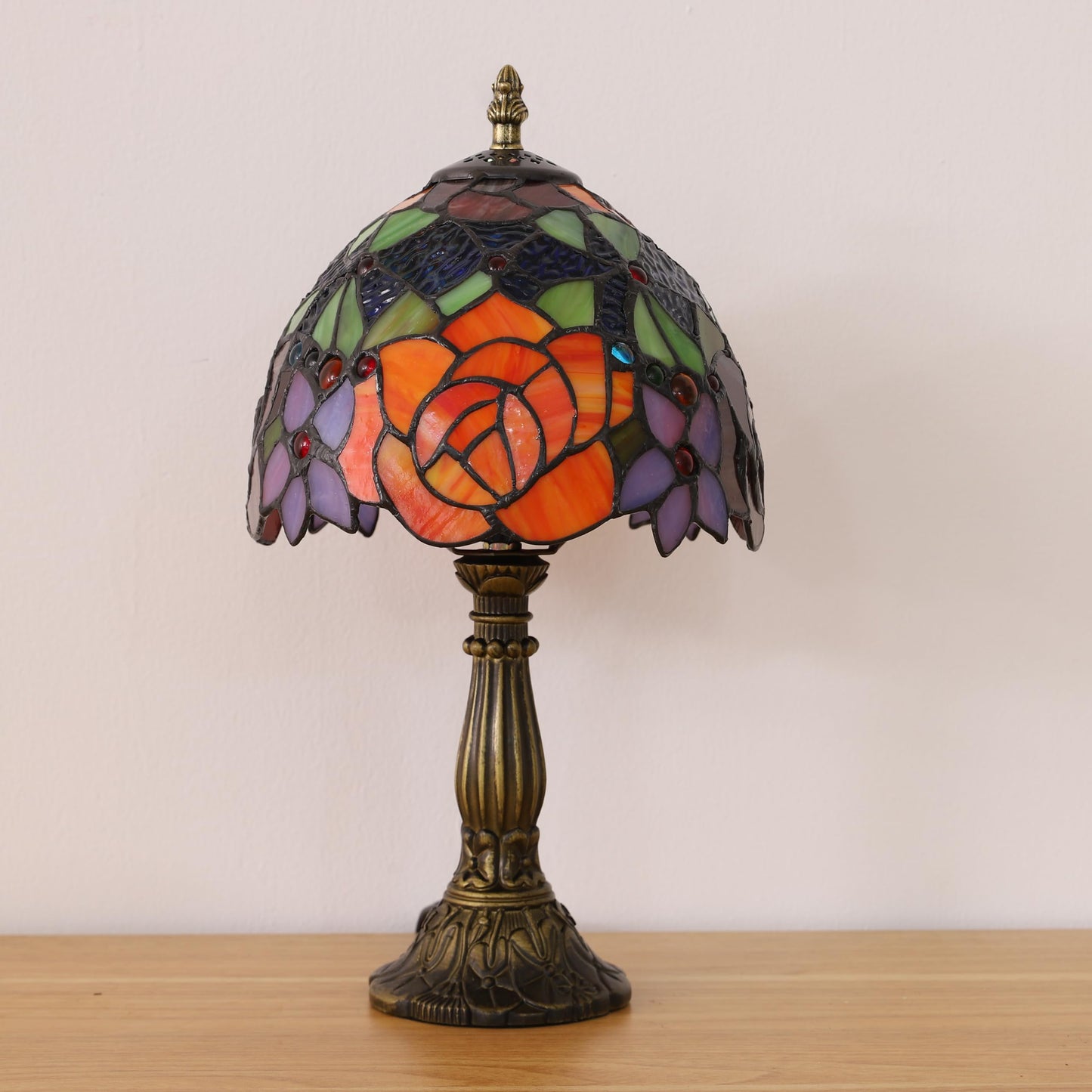 tuomoxte Tiffany Style Table Lamp 3 Color Temperatures Rose Flower Stained Glass Lamps Small Antique Bedside Nightstand Table Lamp for Bedroom Living Room Home Office, W/LED Bulb 8X8X15Inch