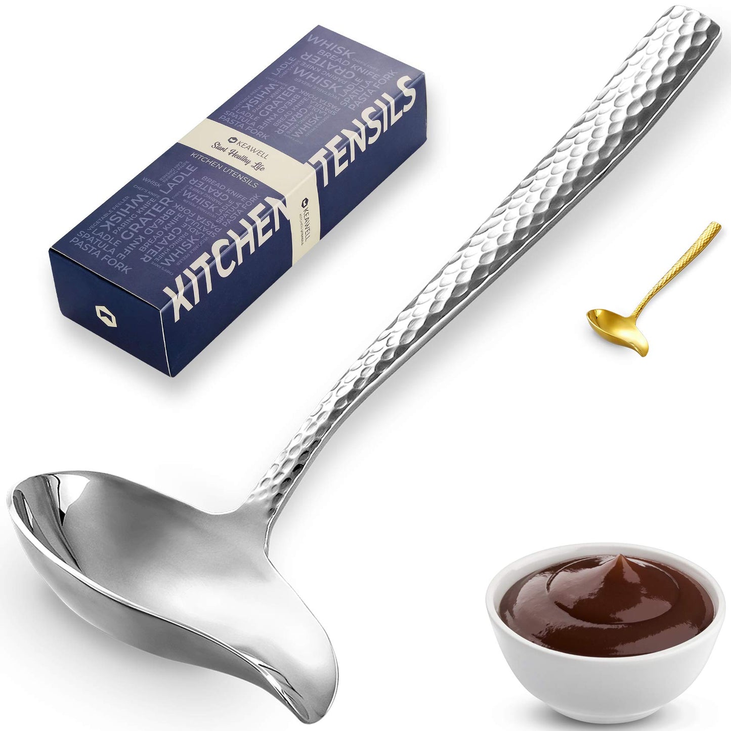 KEAWELL Louis Hammered 18/10 Stainless Steel Sauce Ladle With Pouring Spout, Great small sauce spoon for gravies and dressings, 7.4 Inch, Dishwasher Safe (1)