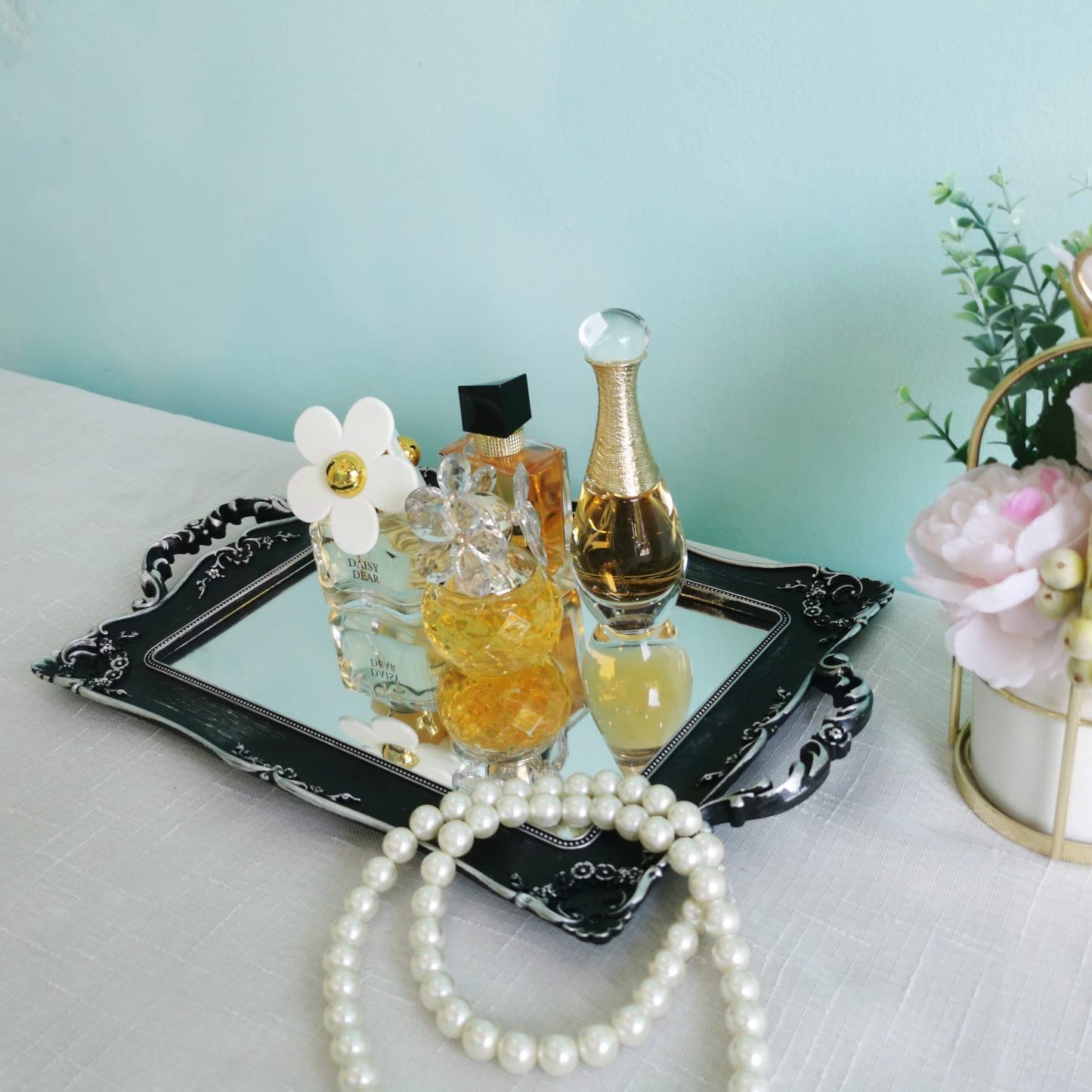 Yamfurga Rectangle Decorative Mirror Tray, French Style, Makeup Organizer, Jewelry Organizer, Serving Tray, 9.5"x 14.9", Silver Black