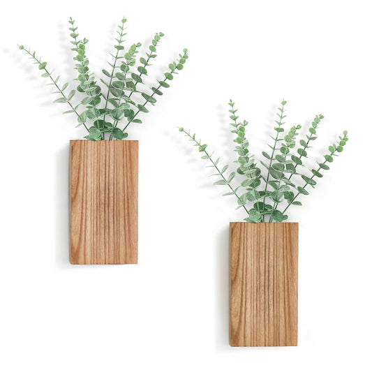 Dahey 2 Pack Wood Wall Planter Vase with Artificial Eucalyptus Farmhouse Wall Hanging Decor Pocket Planter for Indoor Fake Plants Greenery Flowers, livingroom Bedroom Kitchen Home Office Decoration