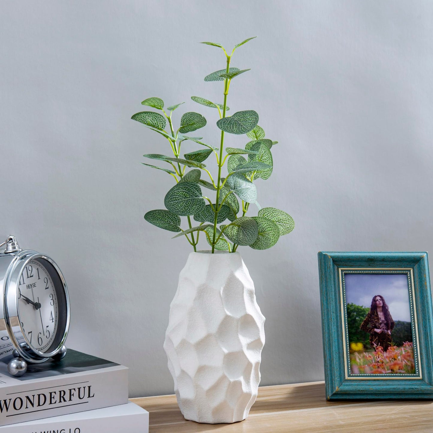 MyGift Modern Textured Matte White Ceramic Vase – Embossed Organic Design Decorative Flower Vase for Tabletop, Shelf, or Mantel Display